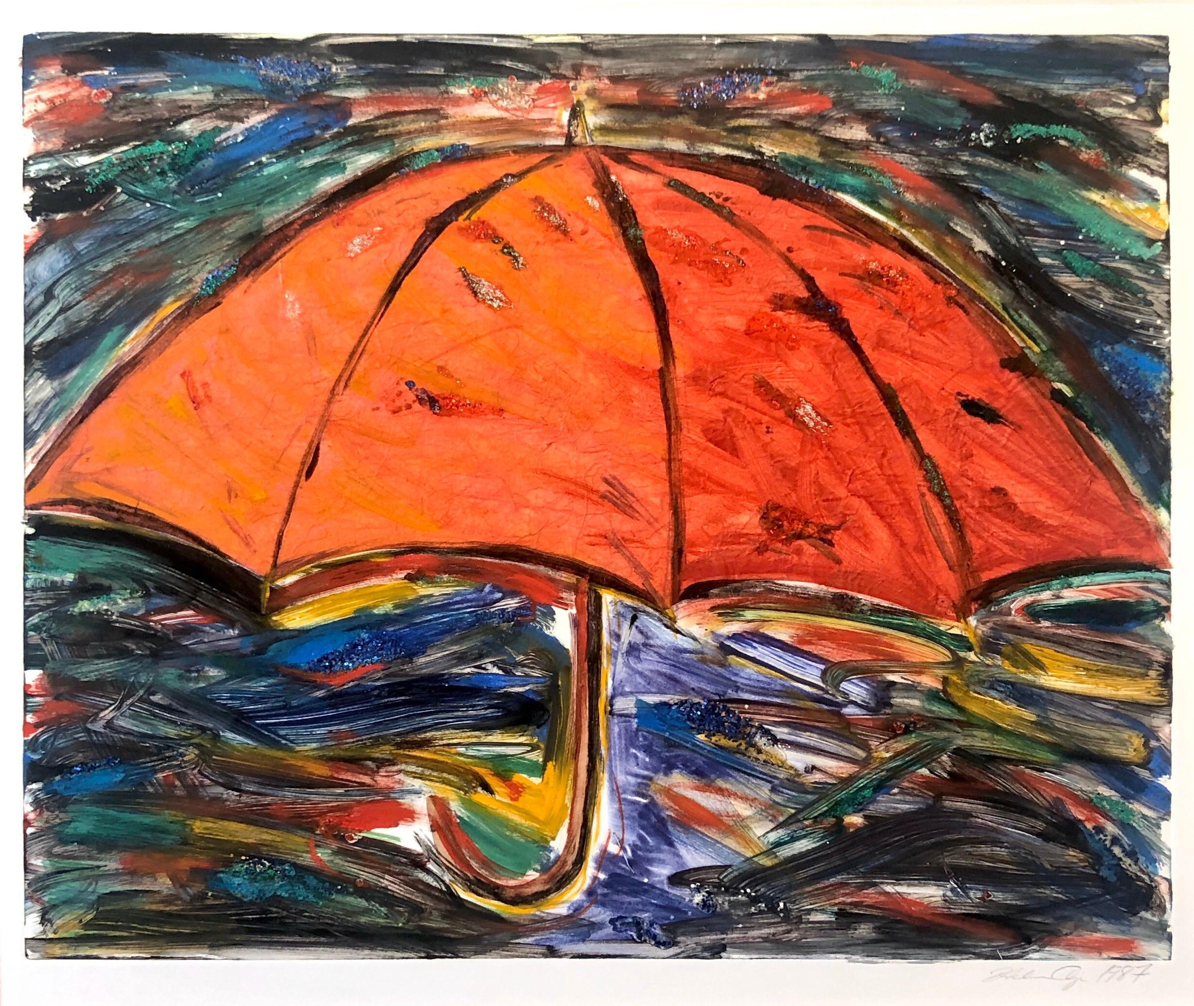 Paraguas, Monotipo con Pintura a Mano, Purpurina, Arte Asiático Americano, Mujer Artista - Mixed Media Art moderno estadounidense de Helen Oji