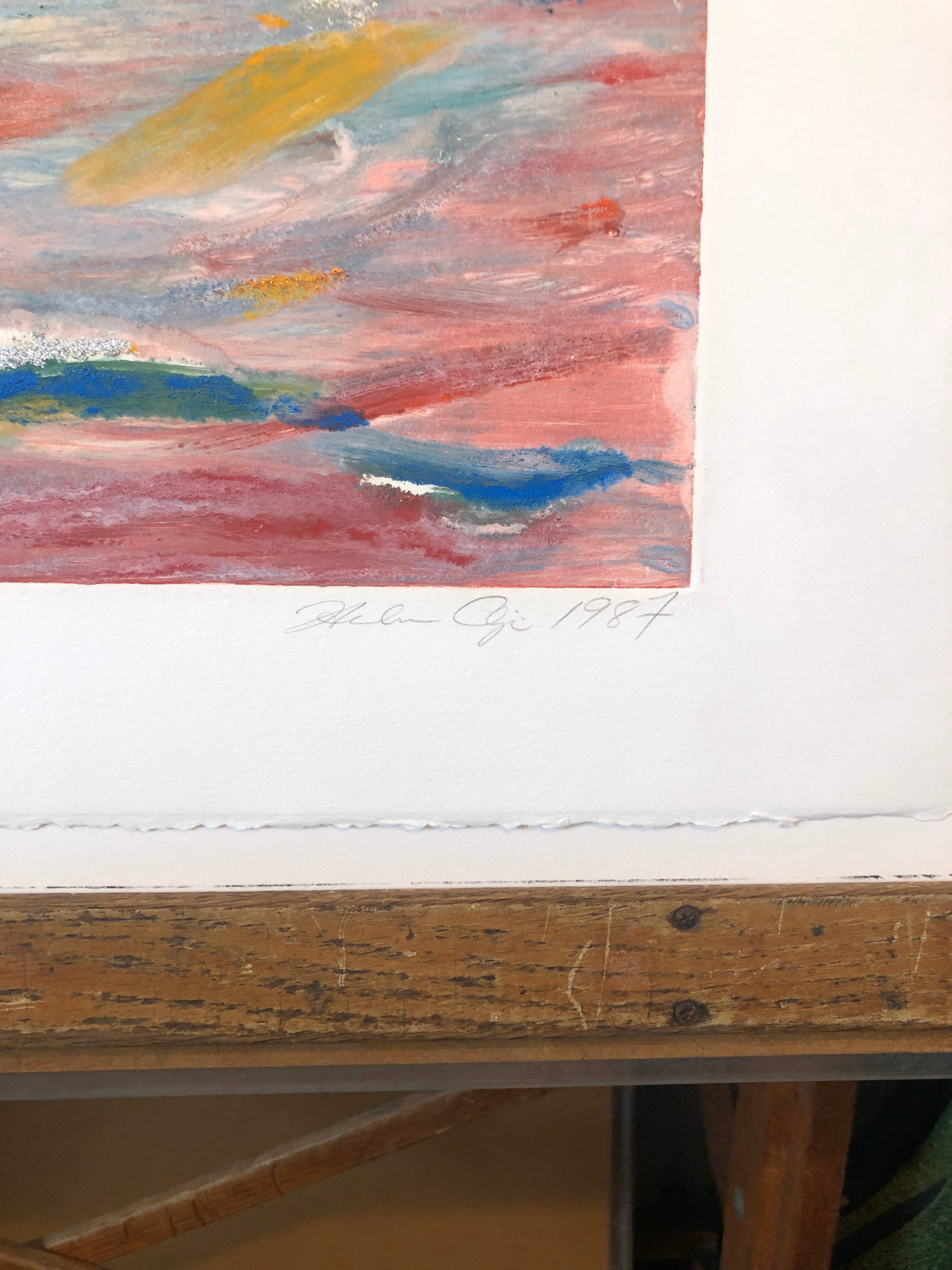 Trabajos de monotipia o monocopia en técnica mixta con pintura a mano, chine colle y purpurina aplicada. De Cheryl Pelavin Editions NYC. 
Helen Oji (estadounidense, nacida en 1950) Nacida en Sacremento, California. Helen Oji destacó en la escena