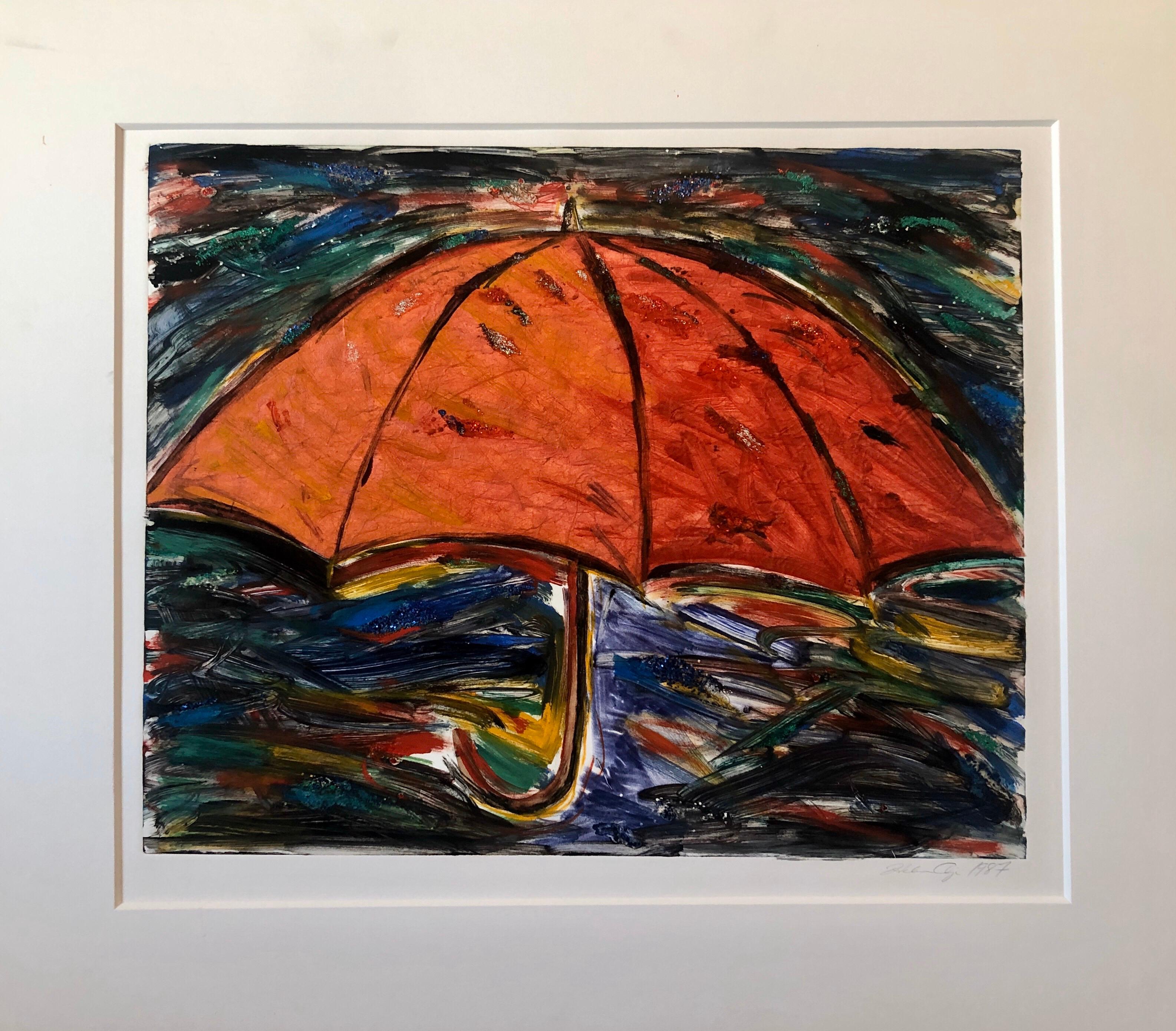 Paraguas, Monotipo con Pintura a Mano, Purpurina, Arte Asiático Americano, Mujer Artista en venta 3