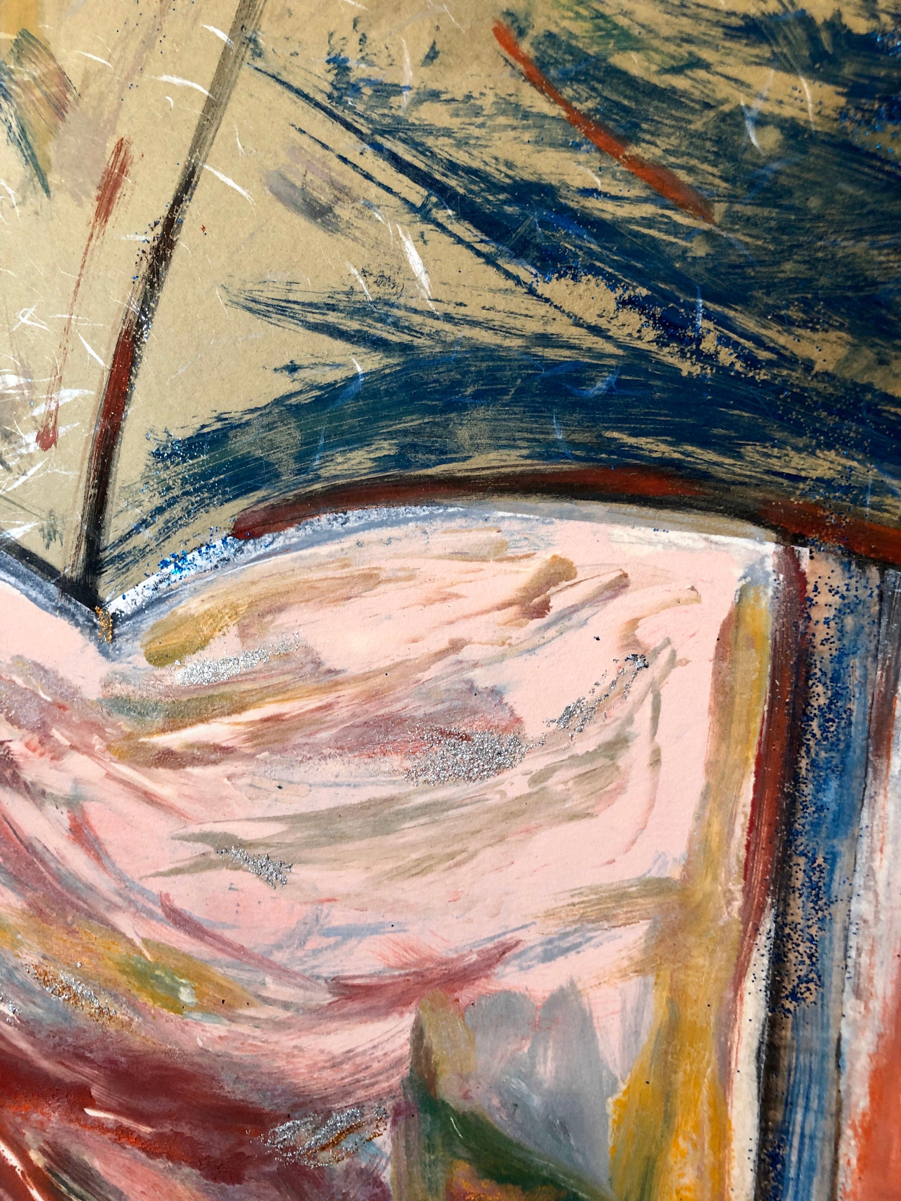 Paraguas, Monotipo con Pintura a Mano, Purpurina, Arte Asiático Americano, Mujer Artista en venta 4