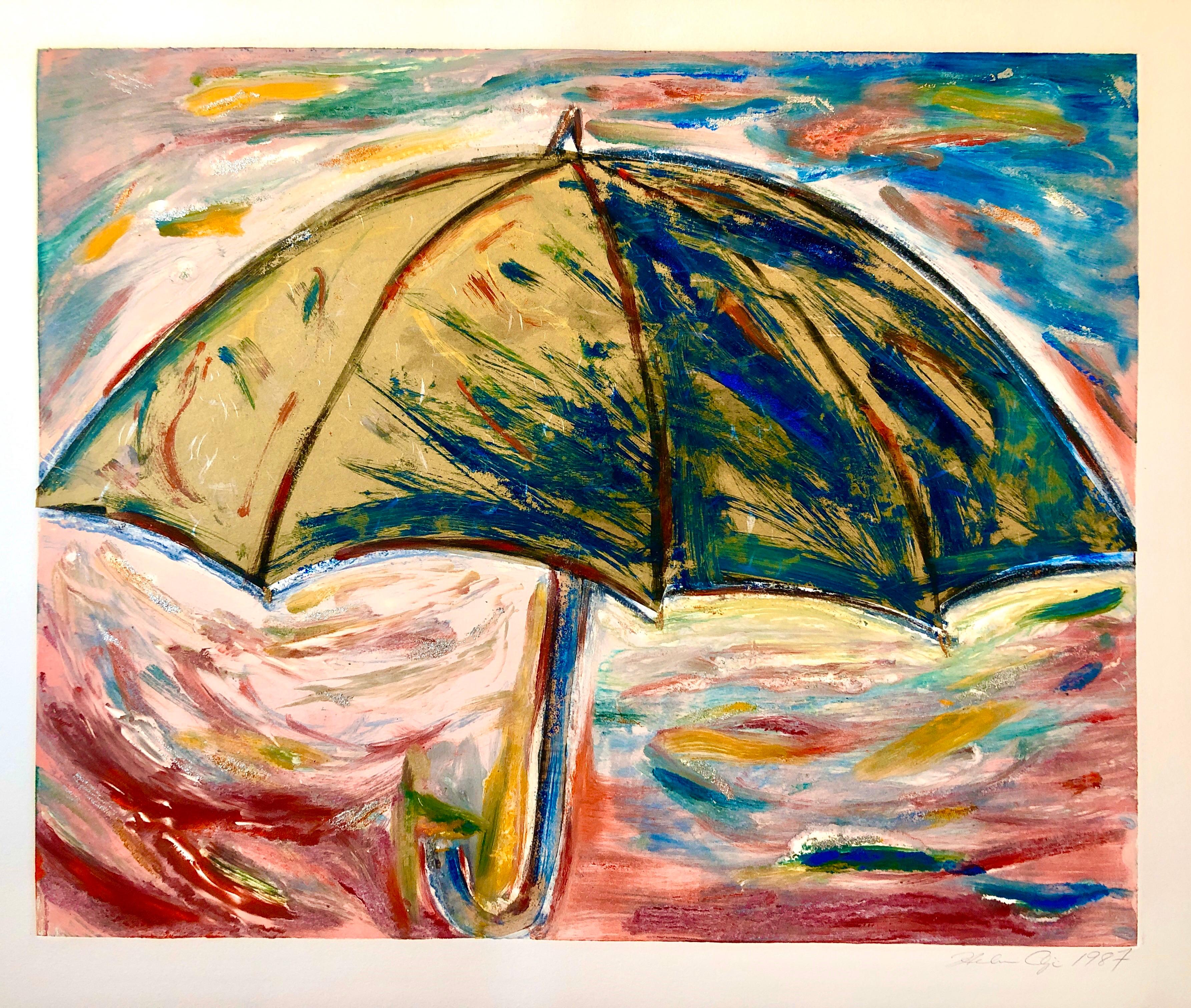 Paraguas, Monotipo con Pintura a Mano, Purpurina, Arte Asiático Americano, Mujer Artista