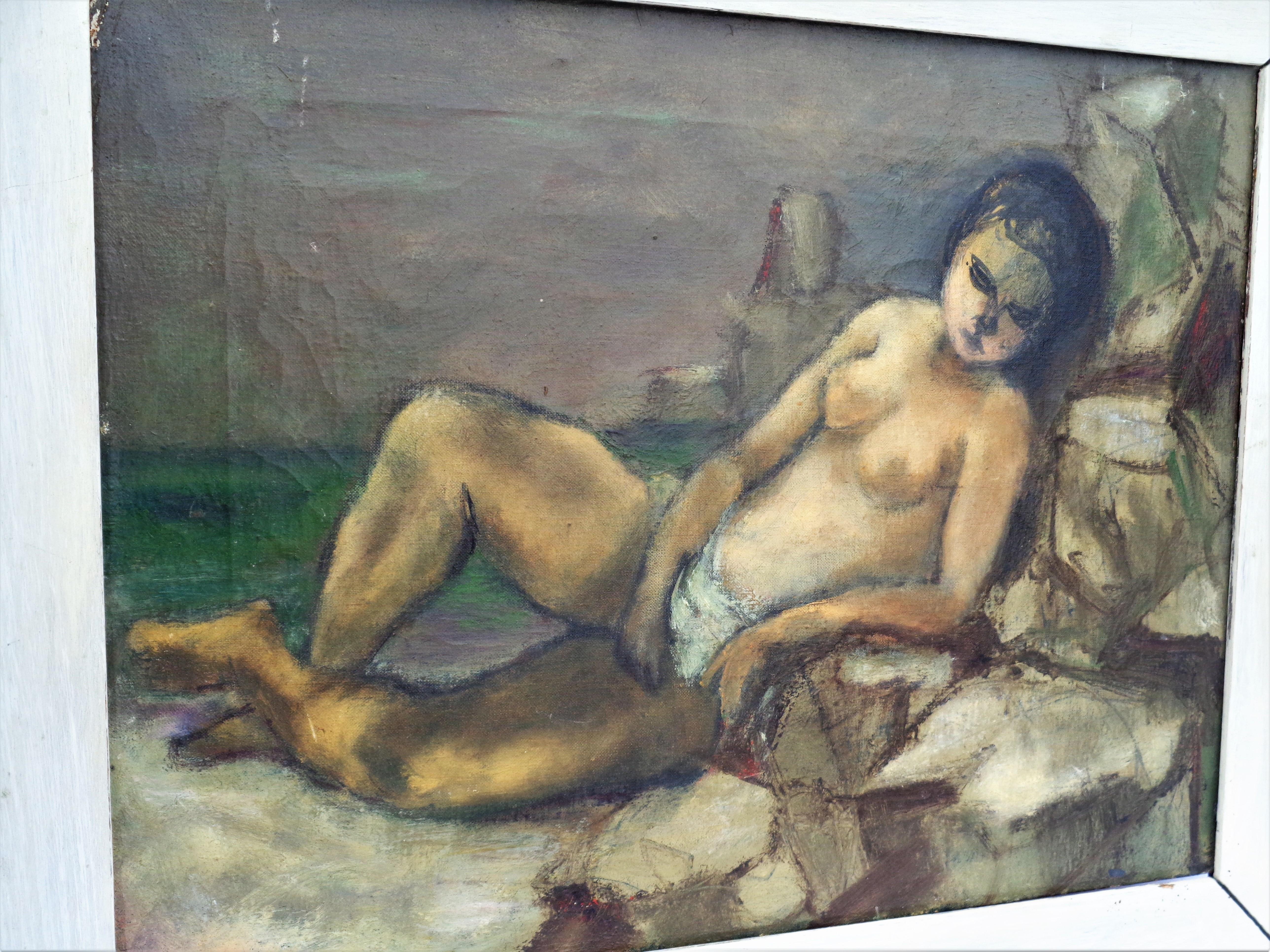 Helen Ratkai Oil on Canvas Nude Woman at Seashore, Circa 1940 In Good Condition For Sale In Rochester, NY