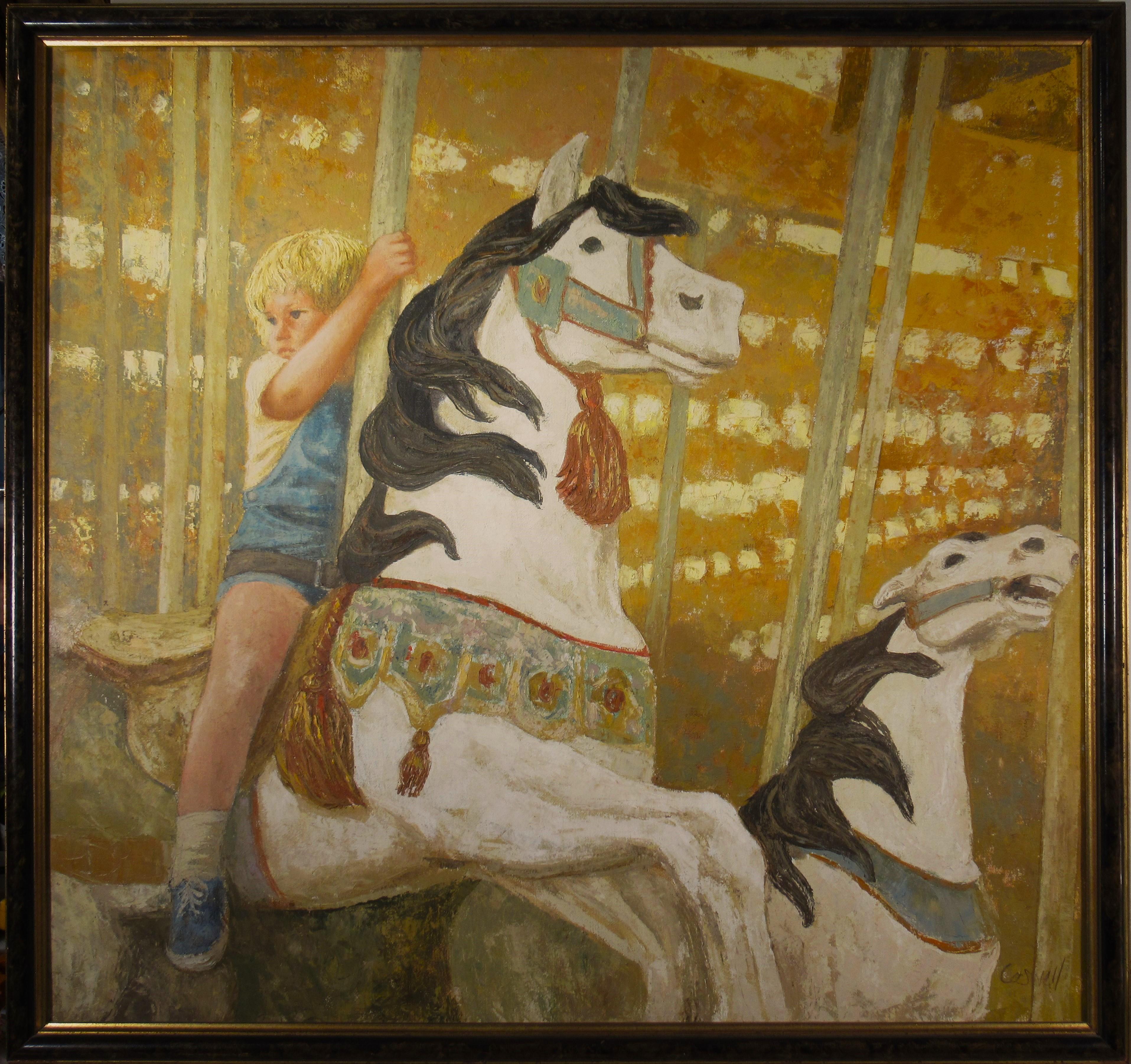 Figurative Painting Helen Rayburn Caswell - "Boy on Carousel" grande peinture à l'huile