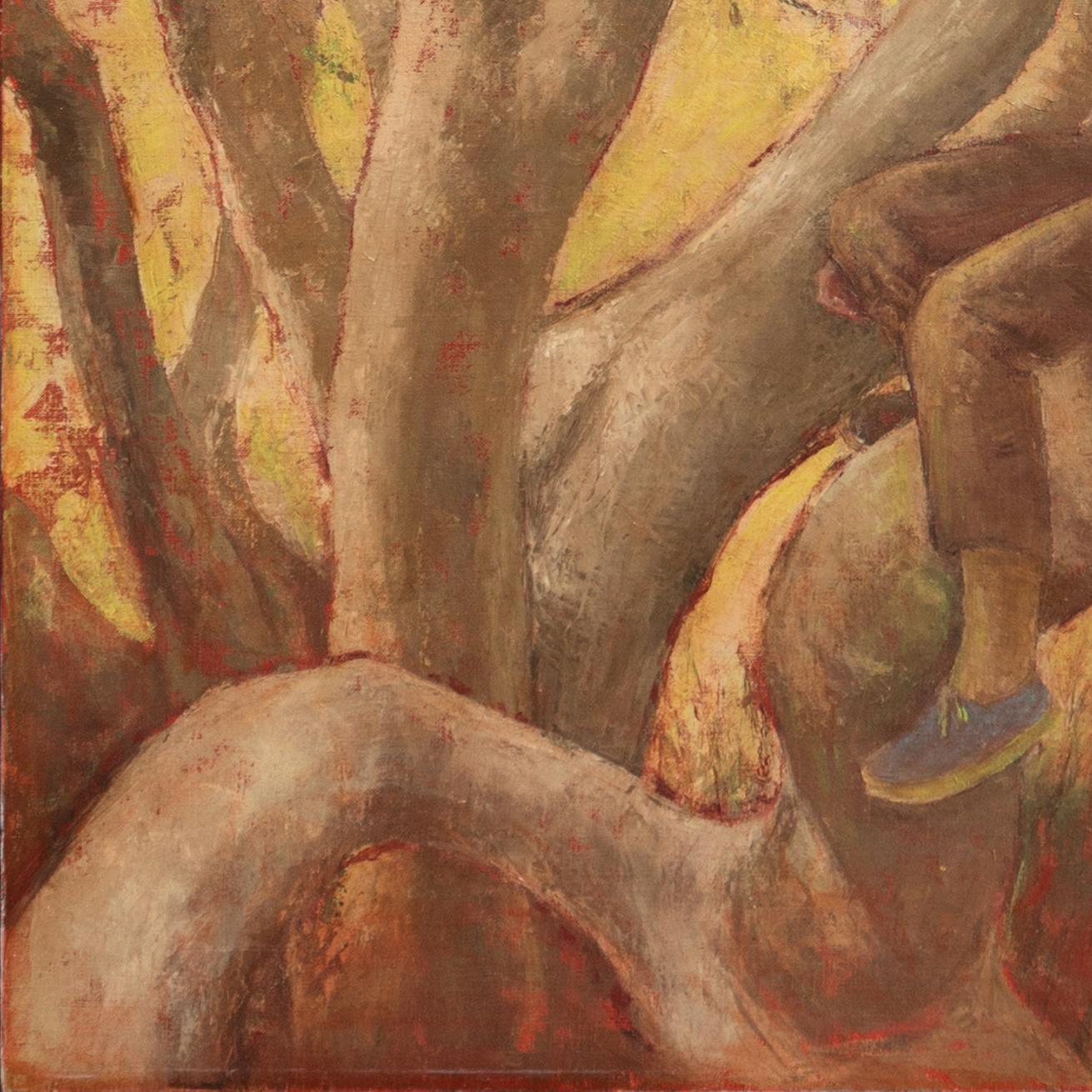 'In the Sycamore', Large Figural Oil, Carmel, California Woman Artist, Muralist - Brown Portrait Painting by Helen Rayburn Caswell