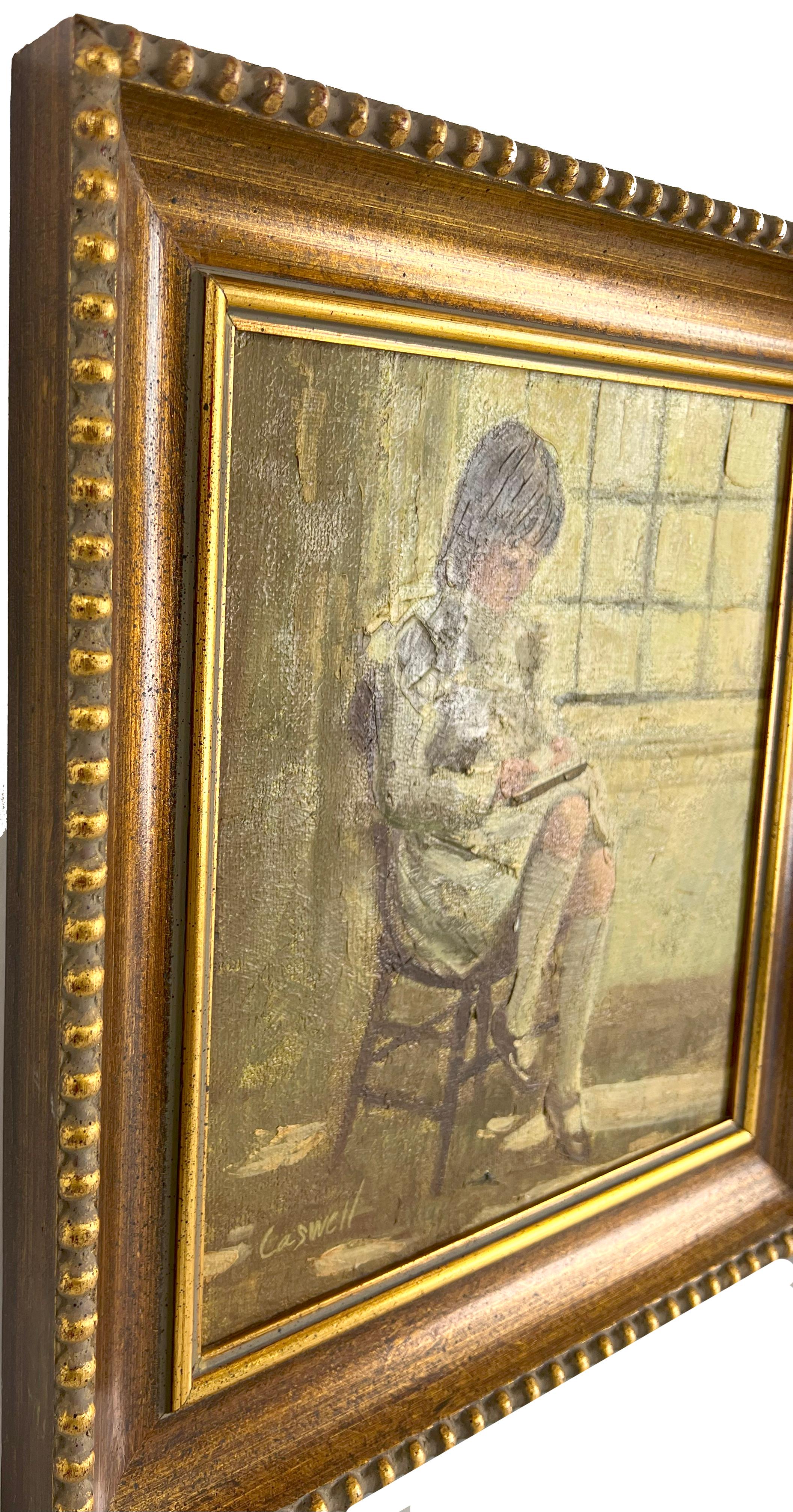 Luminosa y alegre pintura de una joven junto al viento de Helen Rayburn Caswell, (estadounidense, 1923 - 2018) nació en Long Beach, California. 
Imagen, 12 