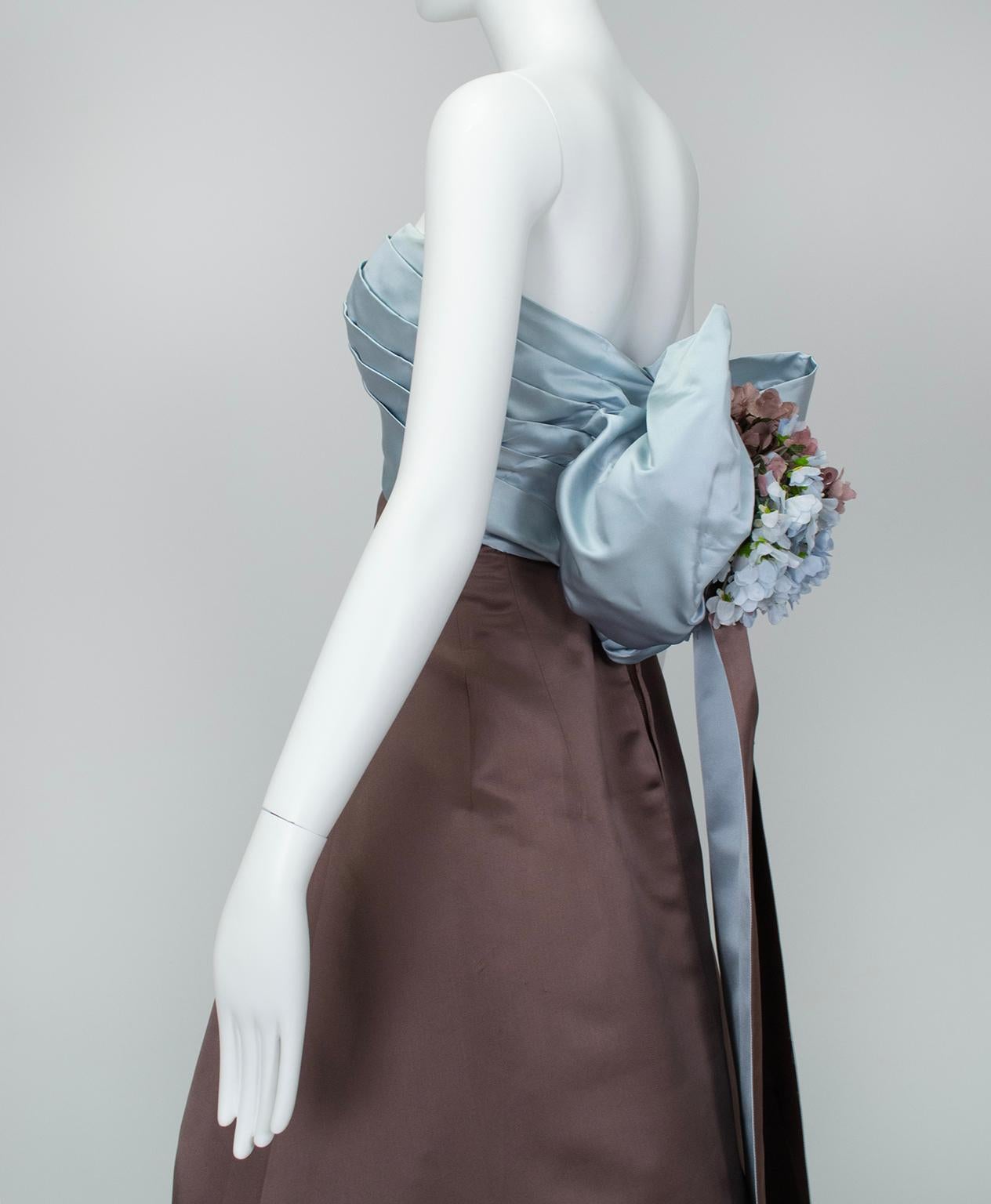 Black Helen Rose Strapless Satin Blue Brown Ball Gown w Rear Bow Bouquet - XS-S, 1962 For Sale