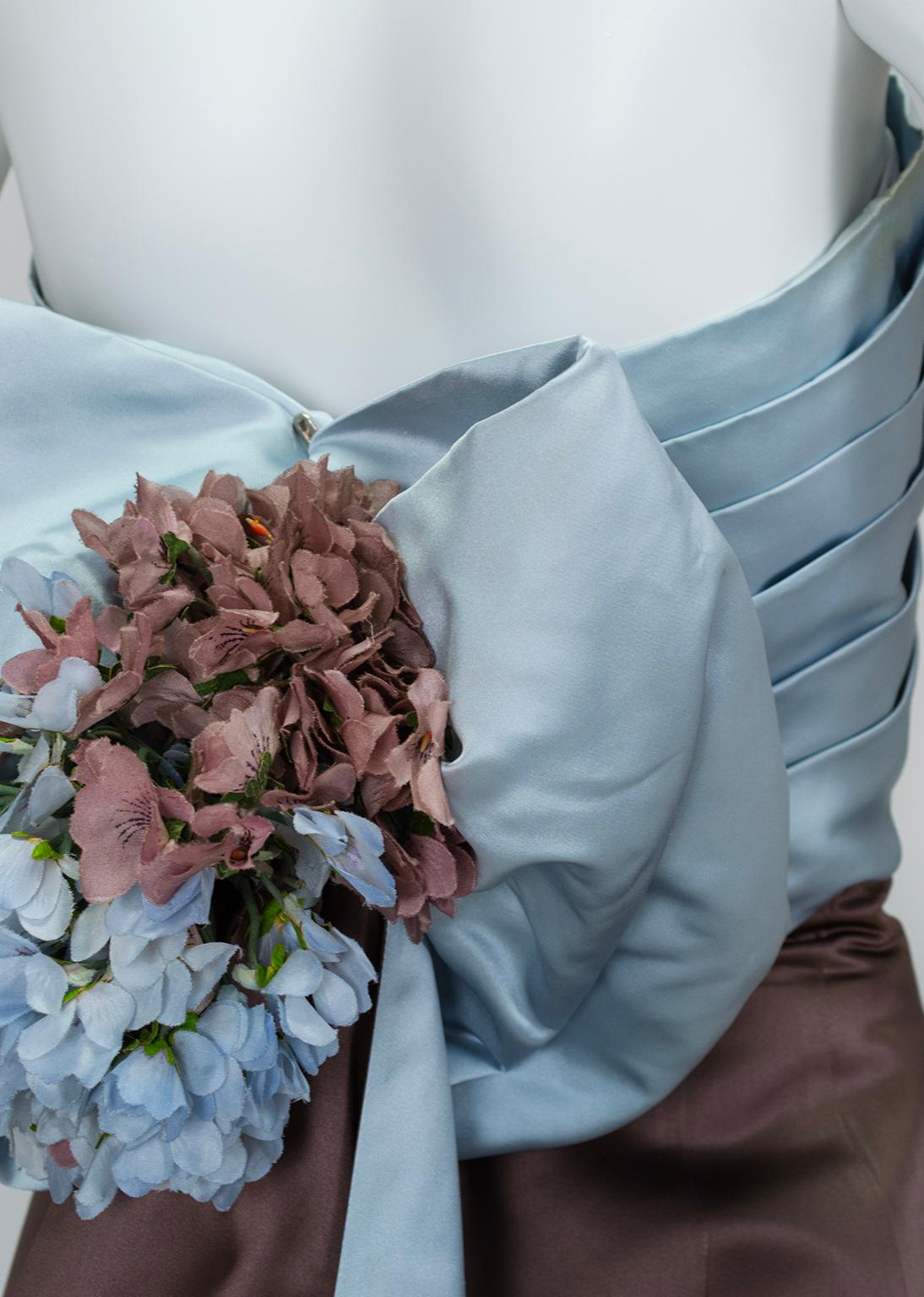 Helen Rose Strapless Satin Blue Brown Ball Gown w Rear Bow Bouquet - XS-S, 1962 For Sale 1