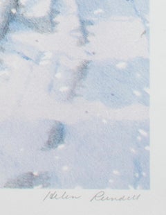 Litografia a colori della fine del 20° secolo, paesaggio alberi inverno neve sentiero firmato