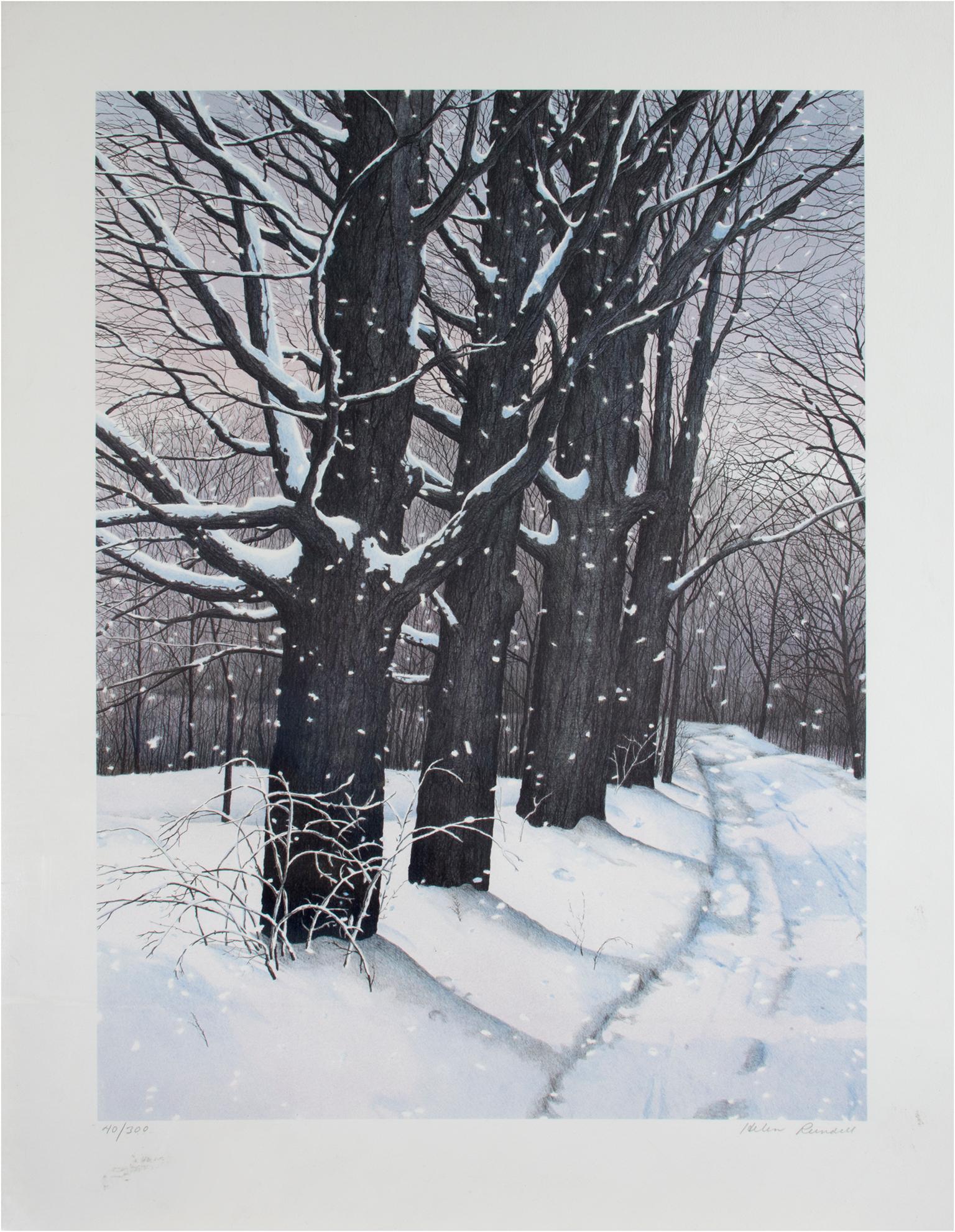 "Country Lane, " Original Color Lithograph Winter landscape by Helen Rundell