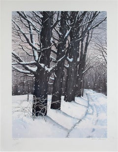 Late 20th century color lithograph landscape trees winter snow path signed