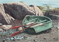 Late 20th century color lithograph seascape boat beach rocks water signed