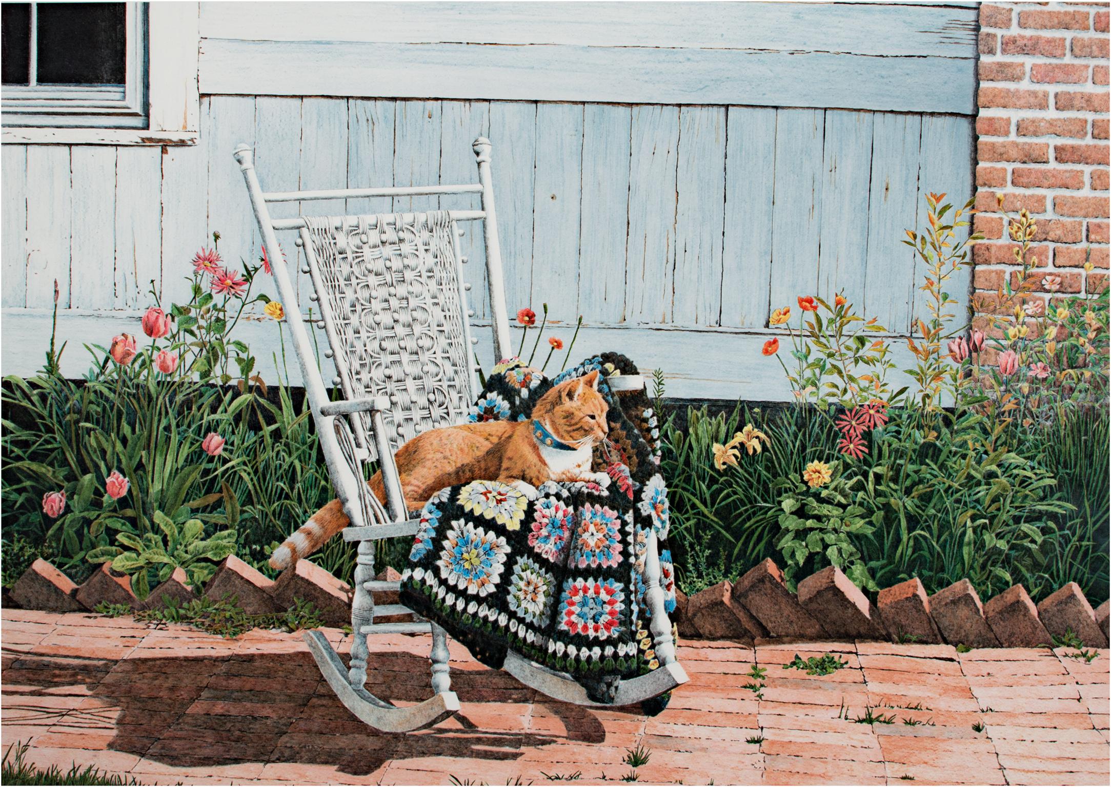 ""In The Rocking Chair", Feline-Farblithographie, signiert von Helen Rundell