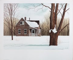 Vintage "North Fork, " Original Color Lithograph Winter Landscape signed Helen Rundel