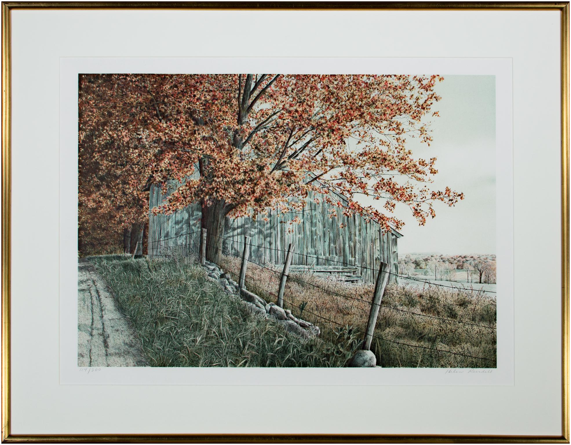 Late 20th century color lithograph landscape tree autumn barn fence road signed - Gray Landscape Print by Helen Rundell