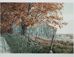 Retro "Round the Bend, " Original Autumn Landscape Lithograph signed by Helen Rundell