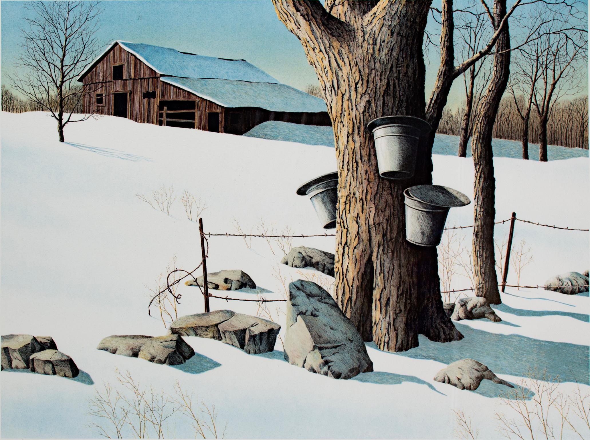 "Sugaring Off, " Original Color Lithograph Winter Farm Landscape by H. Rundell