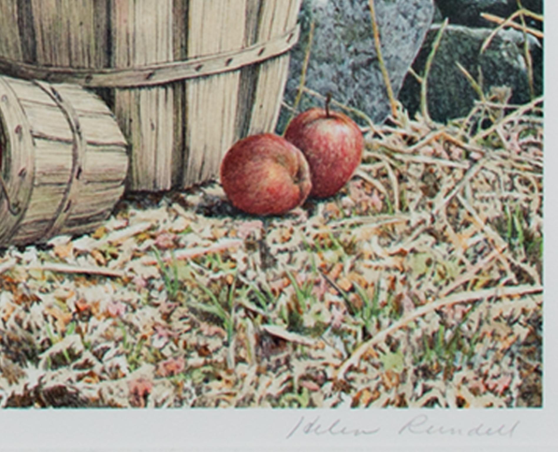 Fin du 20e siècle, lithographie en couleurs paysage arbre forêt panier pommes signée - Print de Helen Rundell