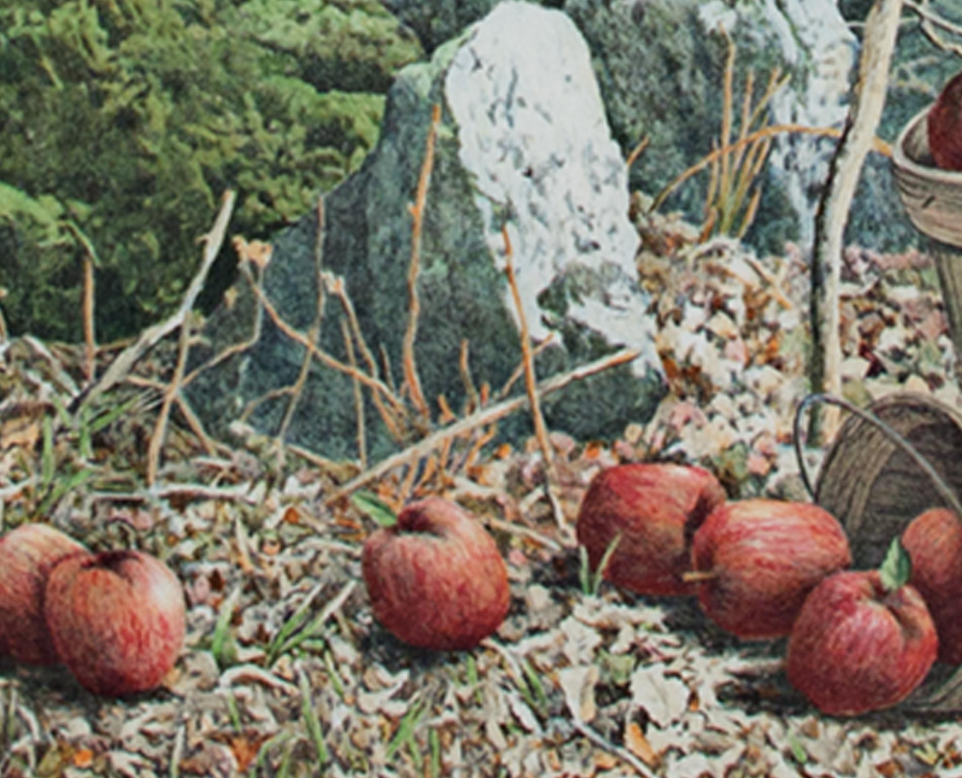 Fin du 20e siècle, lithographie en couleurs paysage arbre forêt panier pommes signée - Gris Landscape Print par Helen Rundell