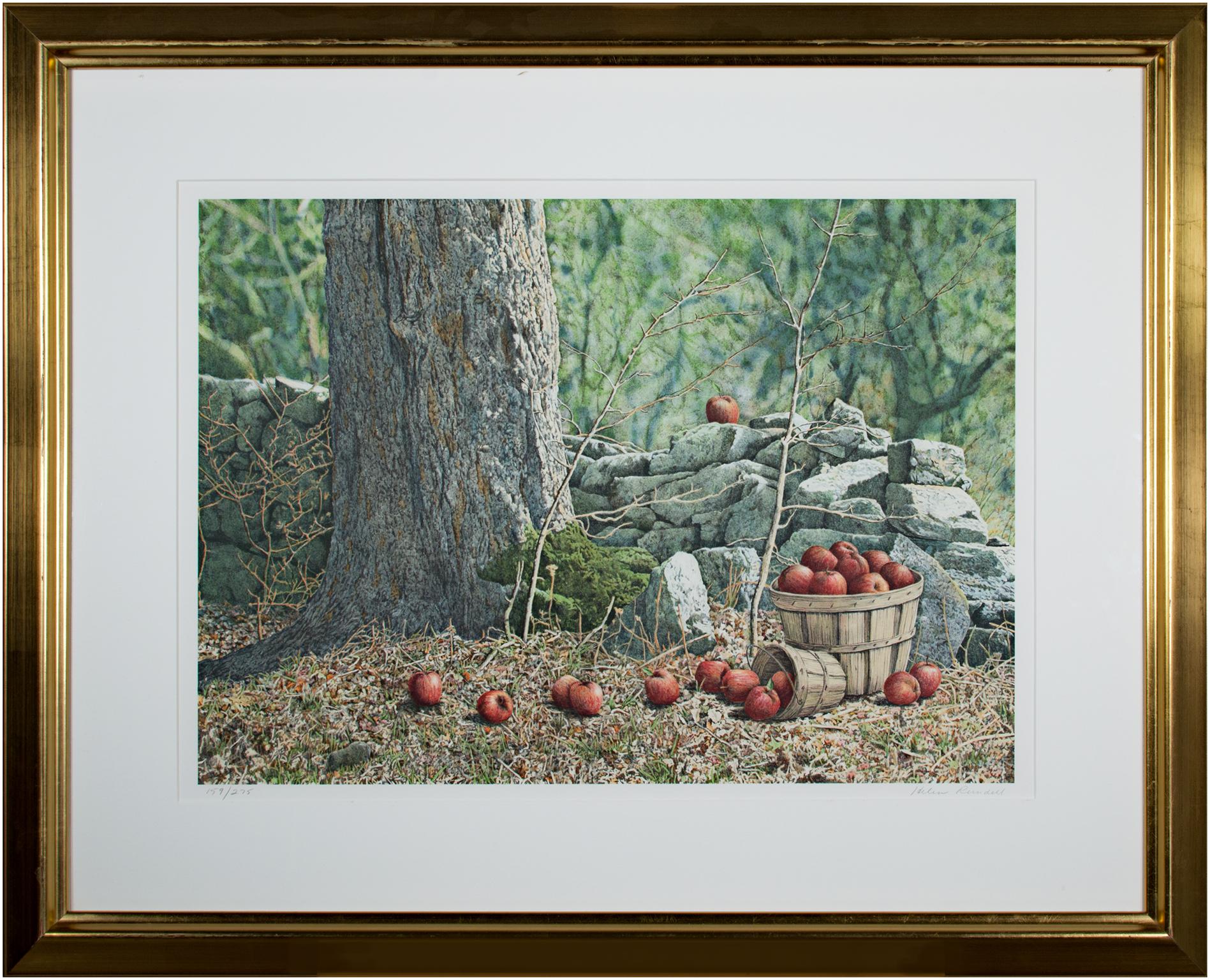 Fin du 20e siècle, lithographie en couleurs paysage arbre forêt panier pommes signée en vente 1