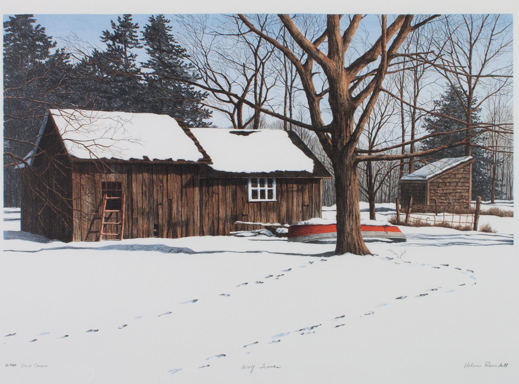„Wolf Tracks“, „Schneeflocke Winterszene“, Farblithographie, signiert von Helen Rundell
