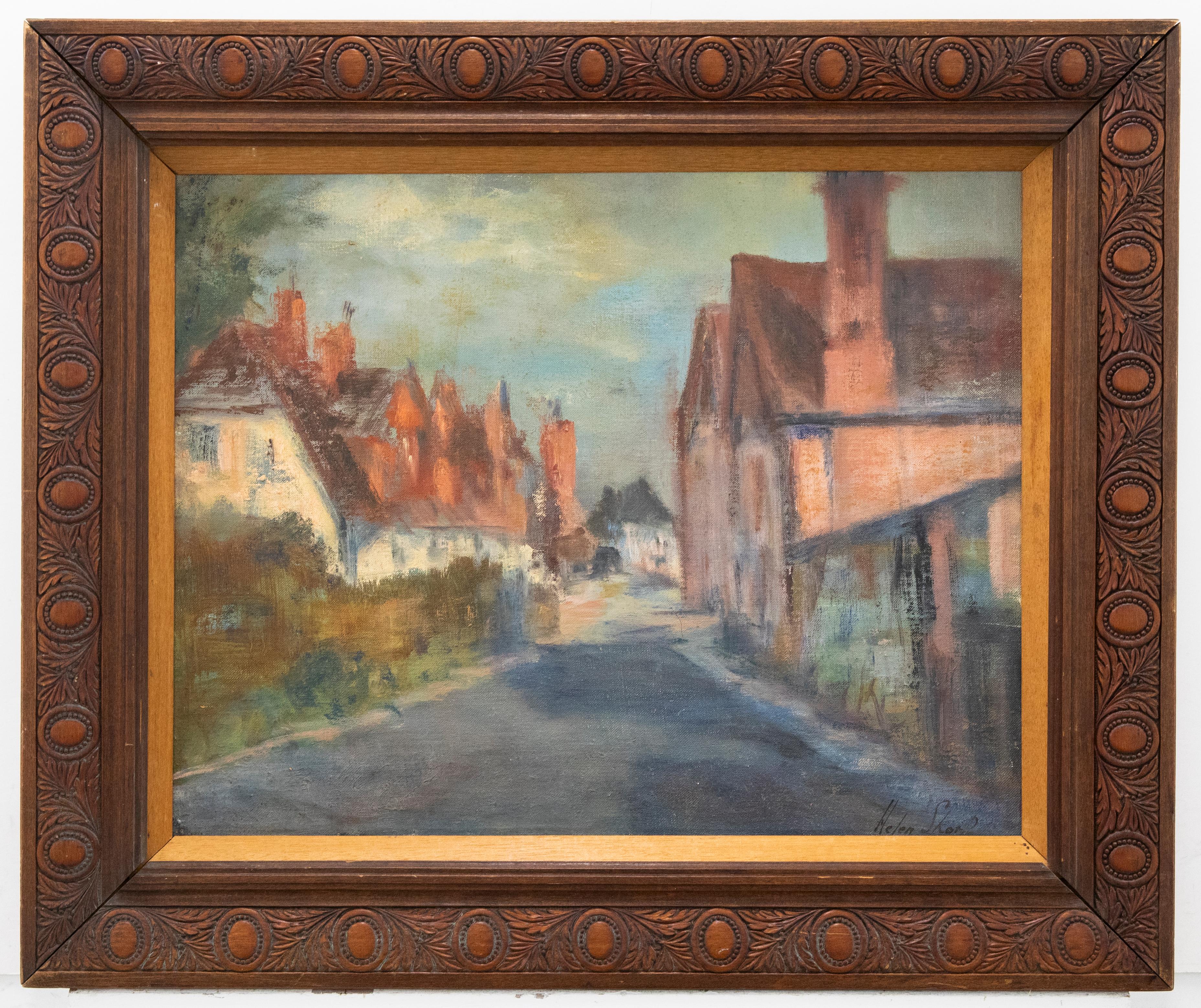 A charming impressionist study of a quiet street lined with cottages. The artist captures the scene in a soft palette, letting the colours blend into each other to create a gently, hazy scene. Signed to the lower right. Presented in a wooden frame
