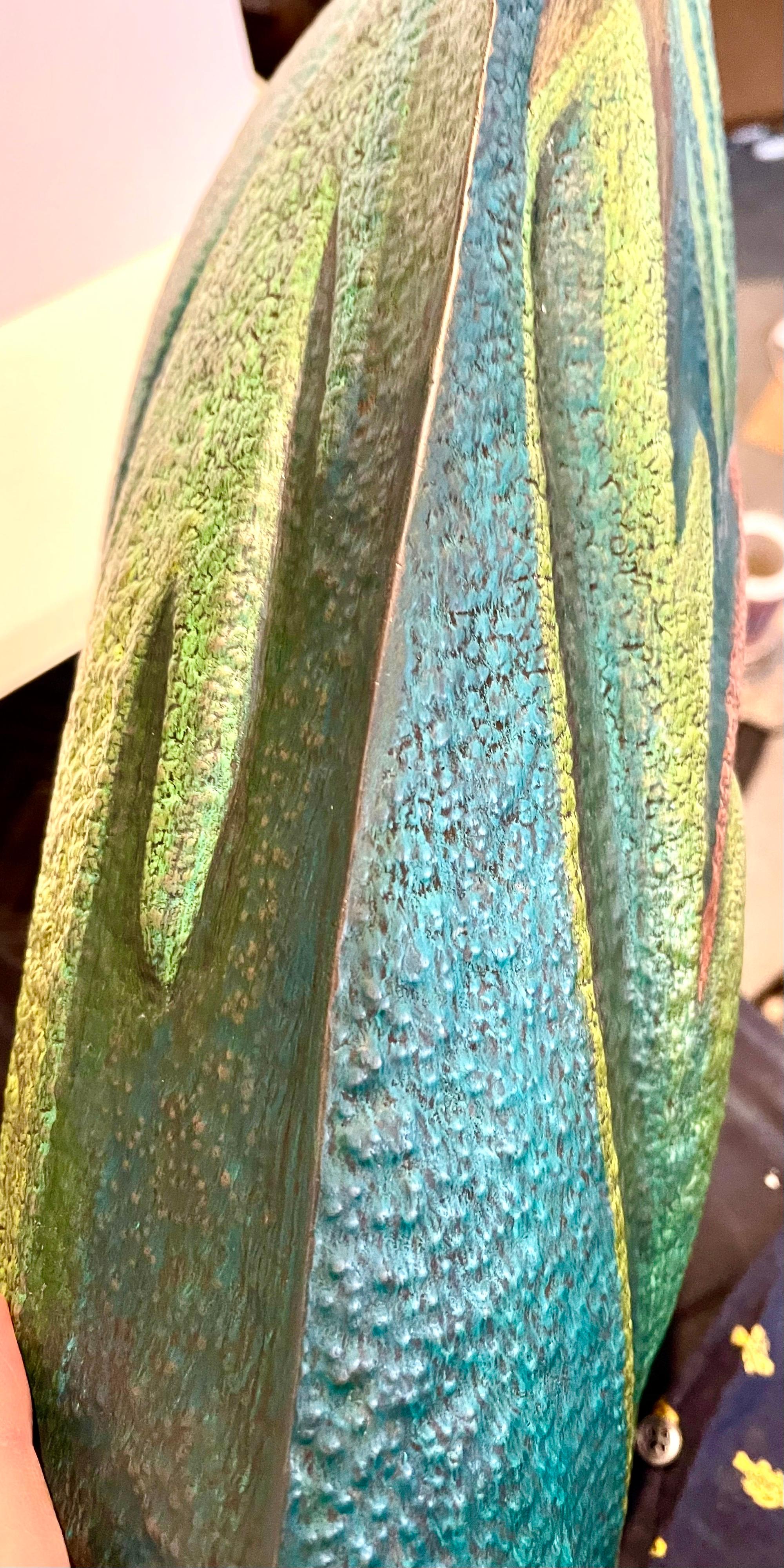 Helen Shirk Sculpture Hand Crafted Studio Vessel, Copper Patina, Colored Pencils For Sale 9