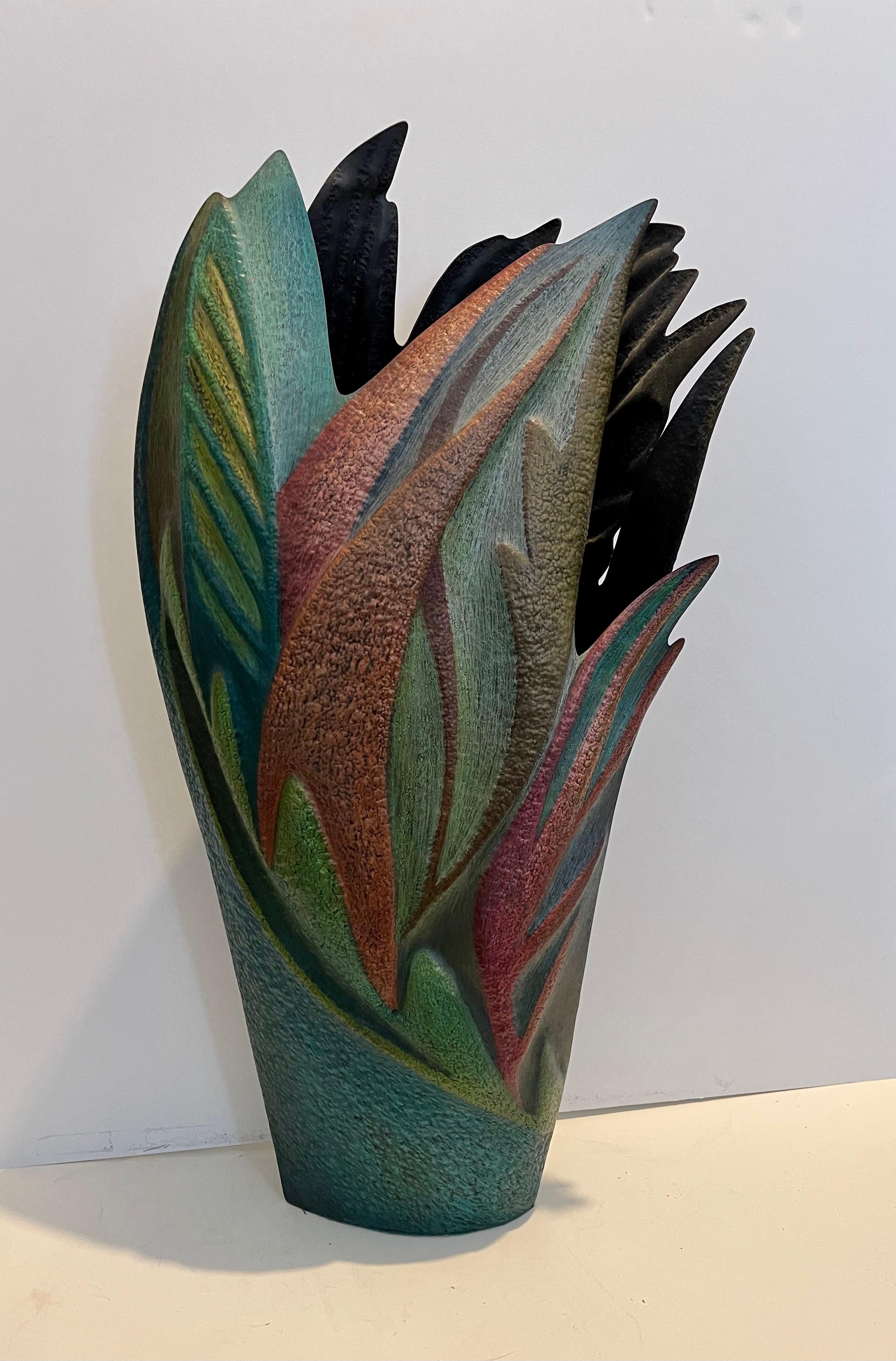 Helen Shirk Sculpture Hand Crafted Studio Vessel, Copper Patina, Colored Pencils 1