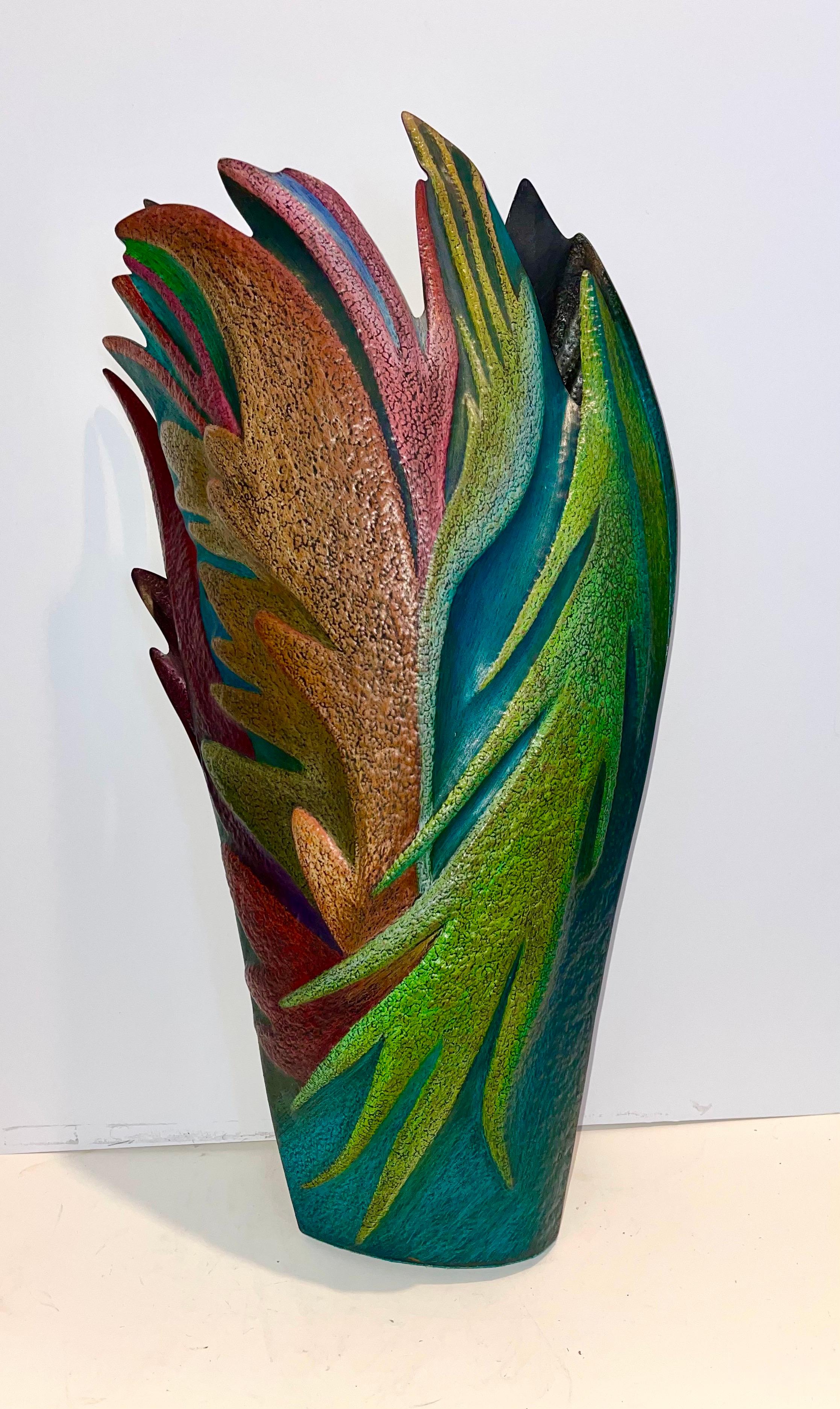 Helen Shirk Sculpture Hand Crafted Studio Vessel, Copper Patina, Colored Pencils For Sale 2