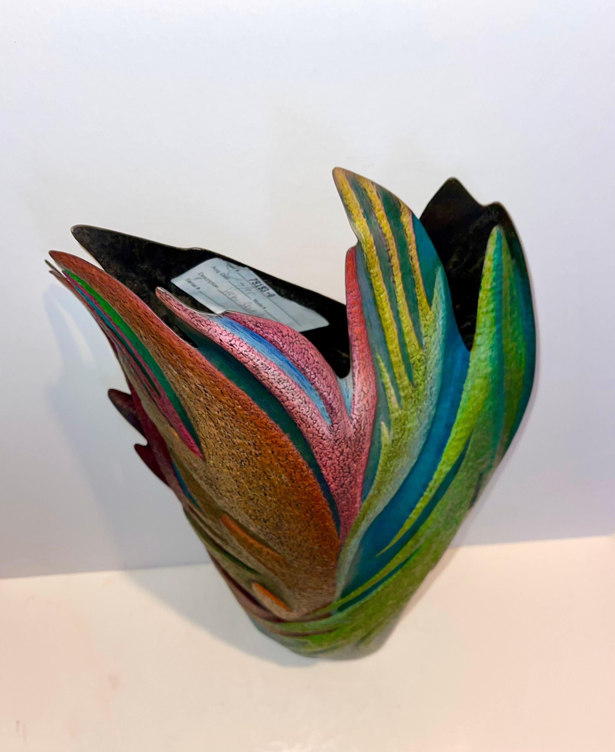 Helen Shirk Sculpture Hand Crafted Studio Vessel, Copper Patina, Colored Pencils 3