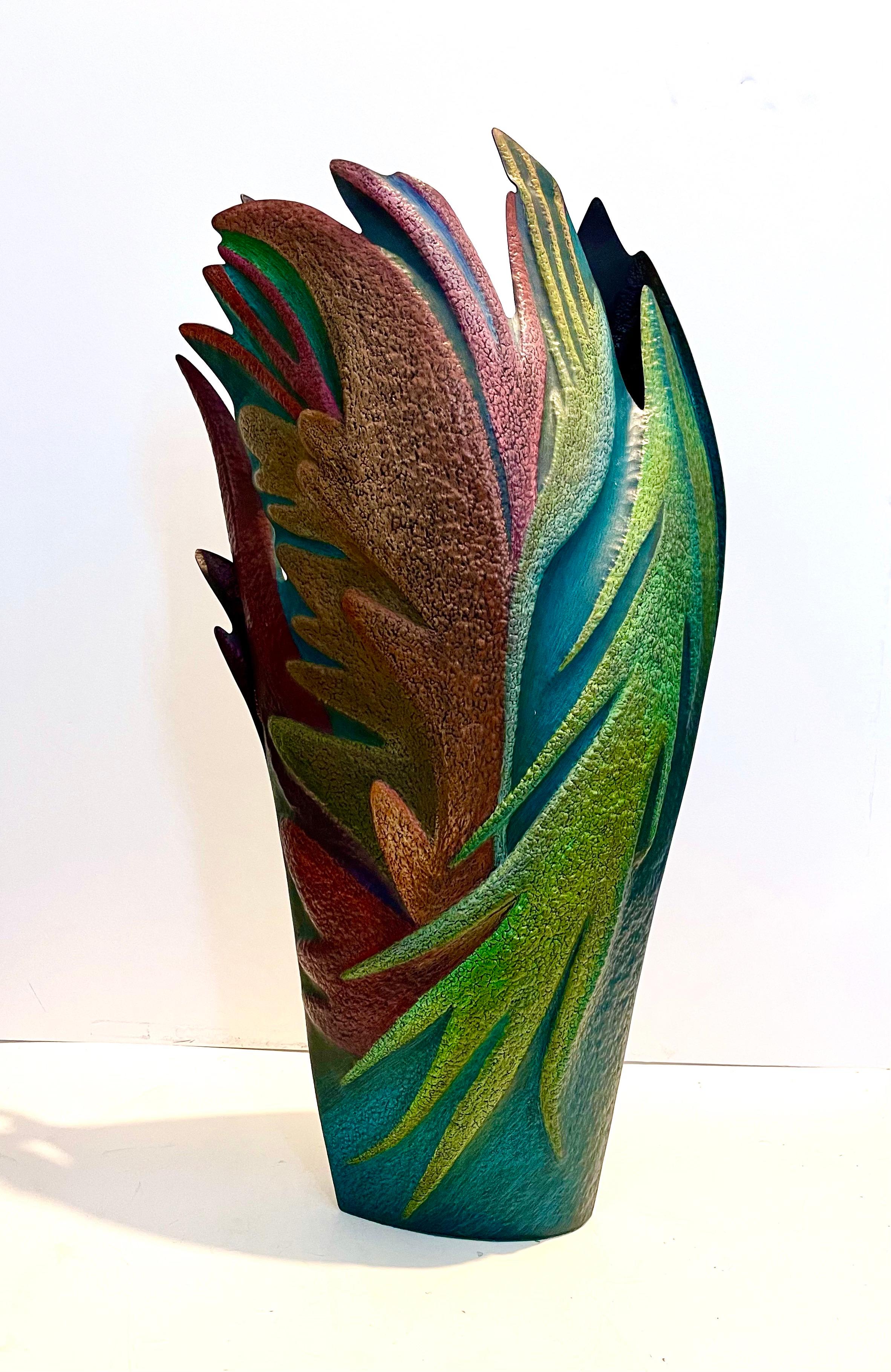 Helen Shirk Sculpture Hand Crafted Studio Vessel, Copper Patina, Colored Pencils