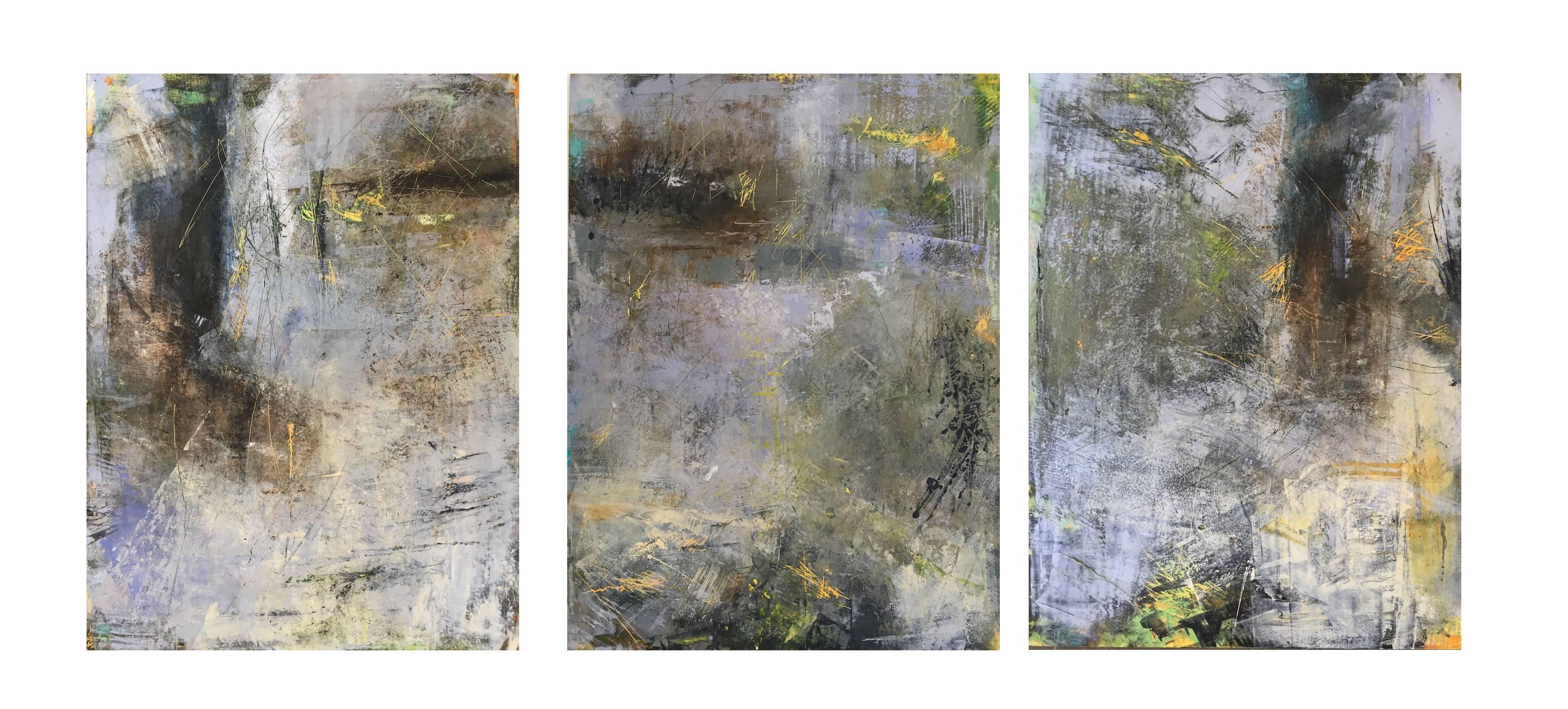 Helen Shulman Abstract Painting - Eiderdown Hour, Abstract Triptych, Oil and Cold Wax on Panel