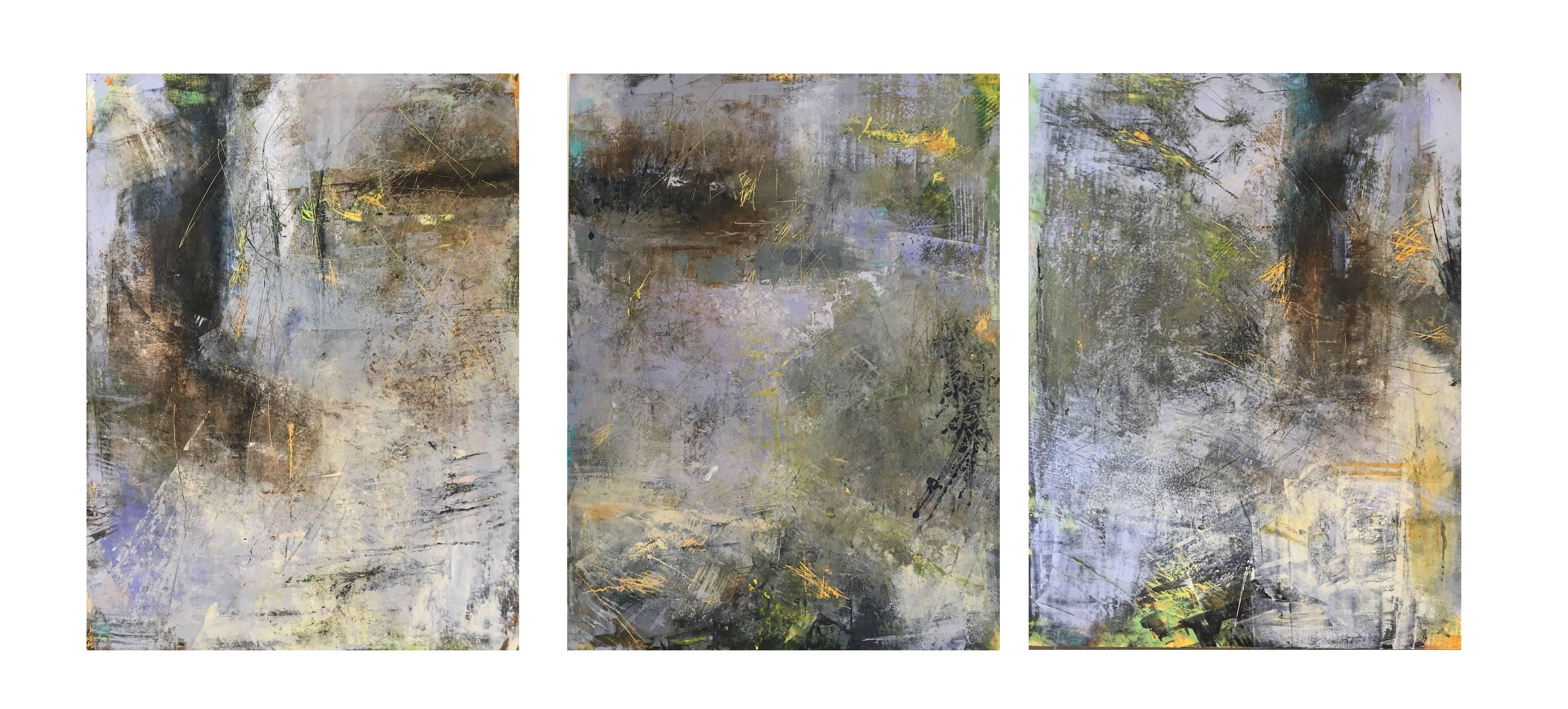 Helen Shulman Eiderdown Hour, Abstract Triptych, Oil and Cold Wax