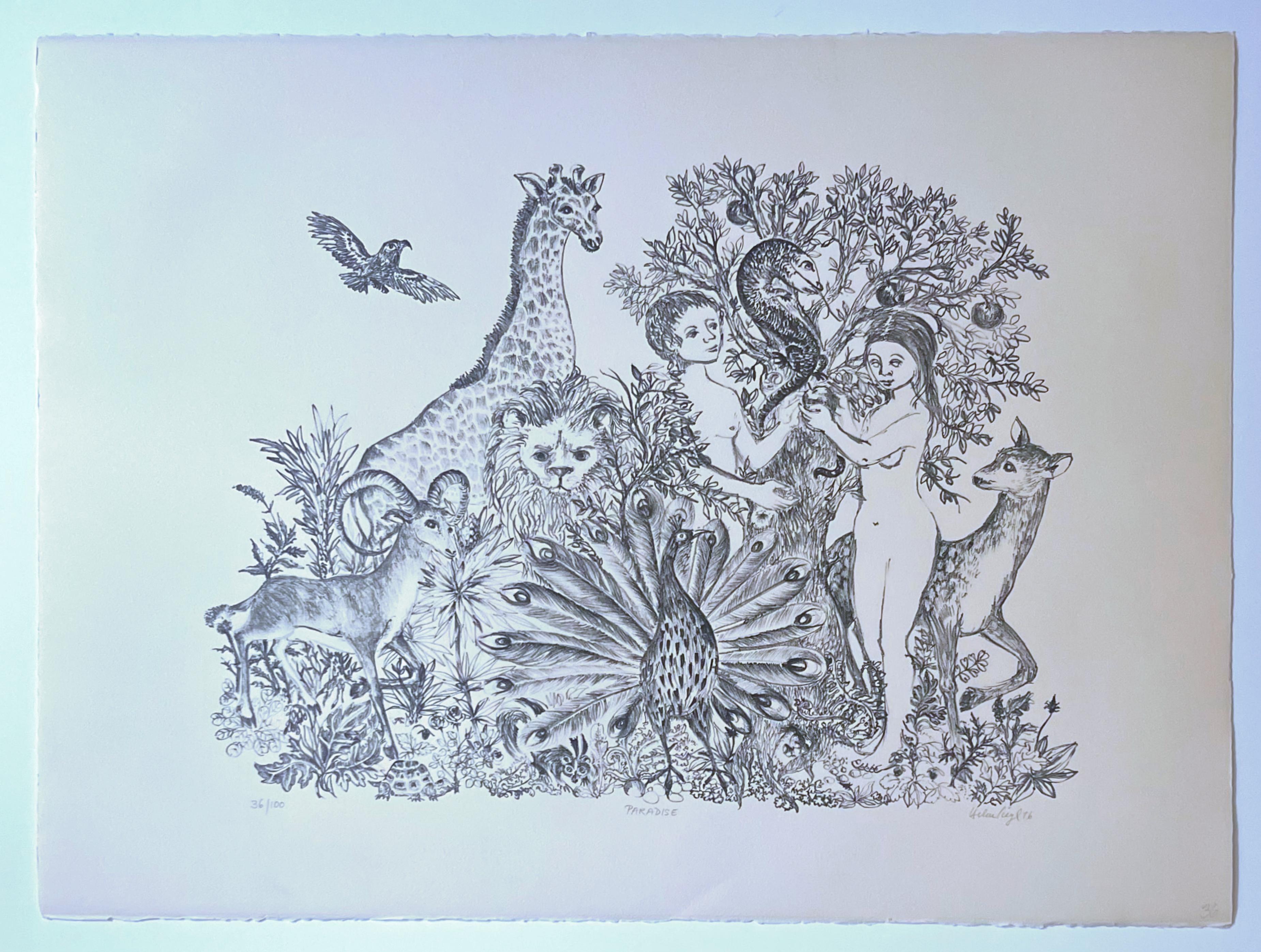 Paradise, Garden of Eden, Lithograph on paper, Signed, titled #36/100, Unframed - Print by Helen Siegl