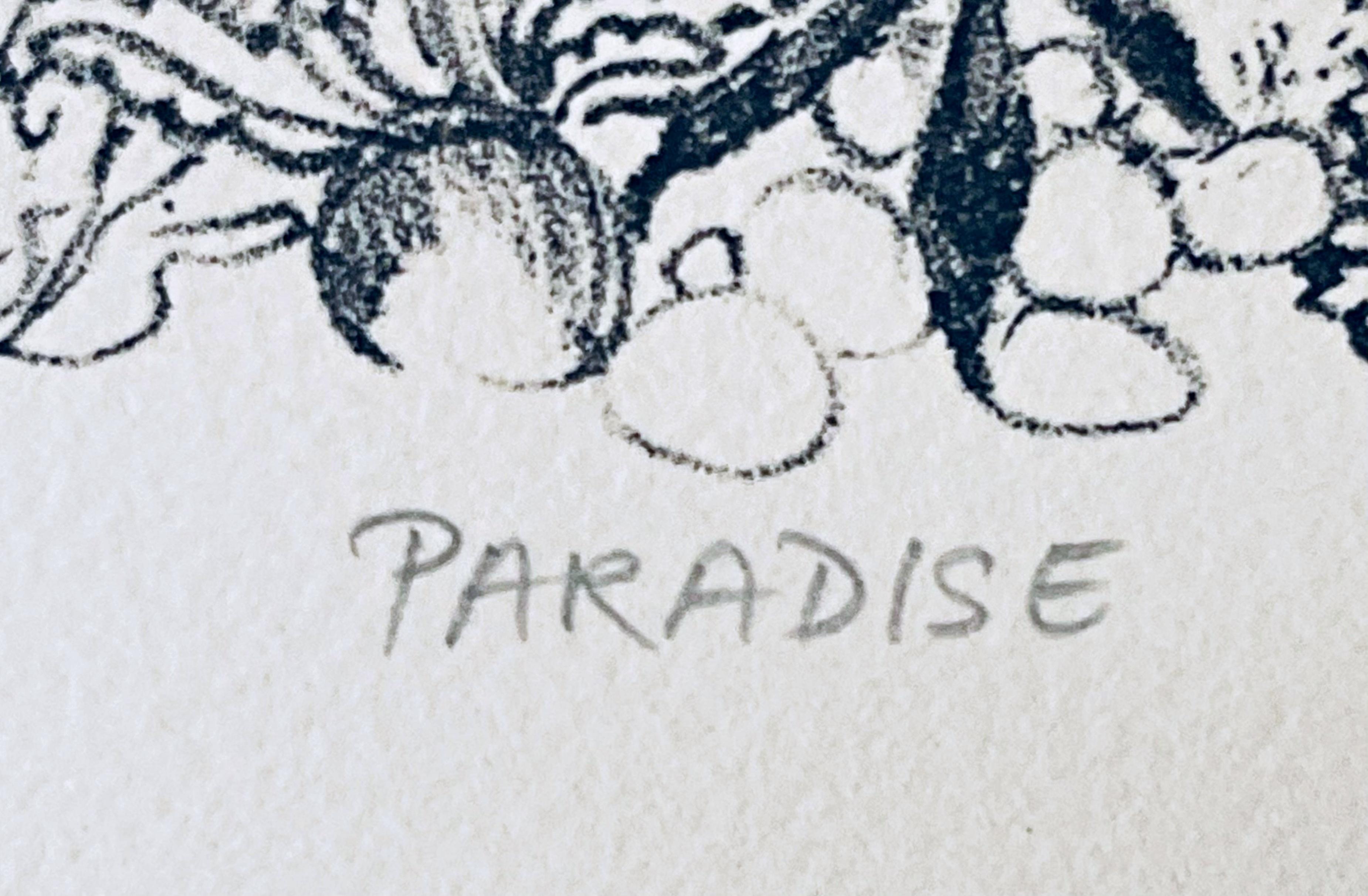 Helen Siegl
Paradise, 1976
Lithograph on wove paper
Pencil signed, dated and numbered 36/100
Unframed
Provenance: Rodger LaPelle Galleries, PA
depicts a scene reminiscent of the Garden of Eden or the Peaceable Kingdom, featuring Adam and Eve