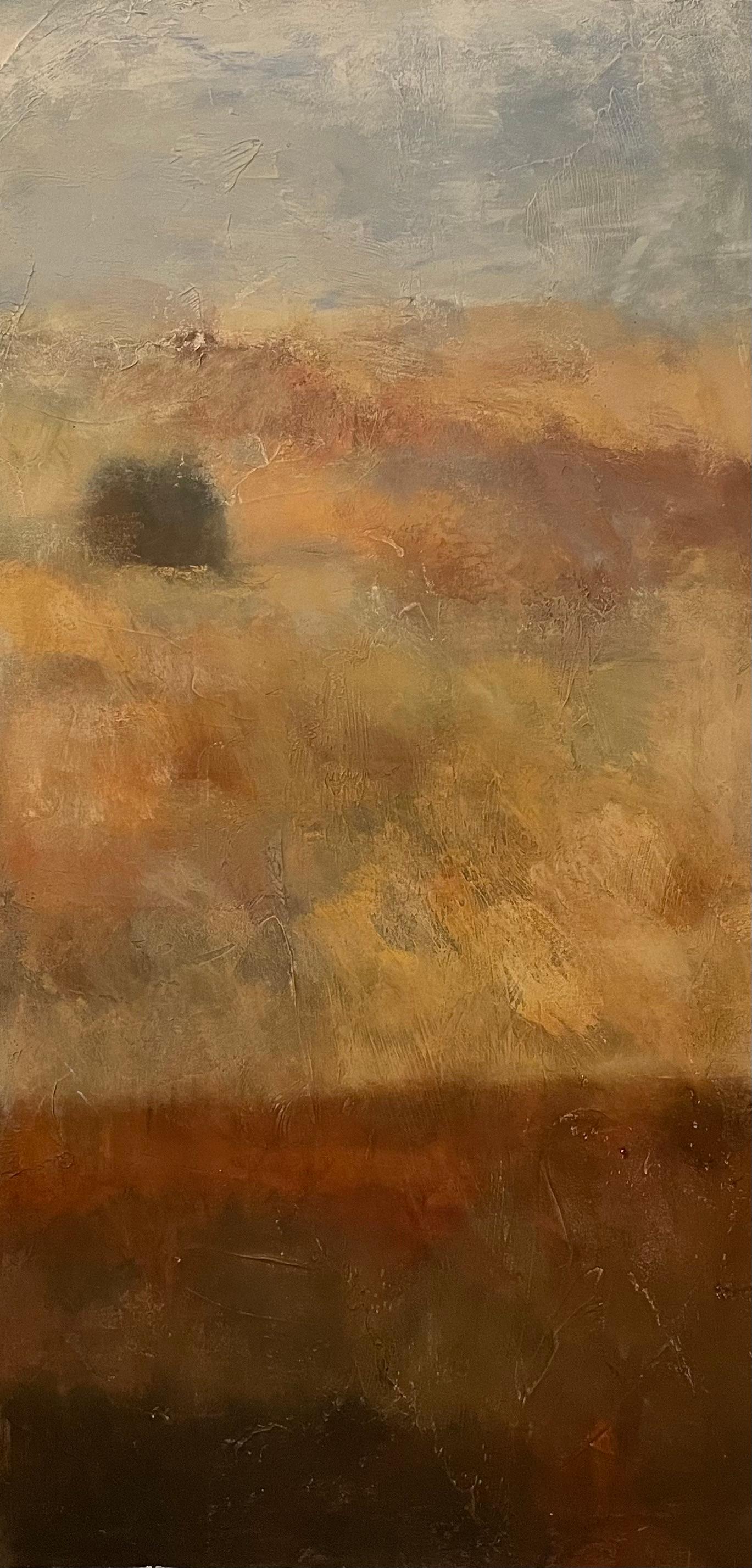 "Amber Horizon" by Helen Steele is a poignant 48" x 24" contemporary expressionist landscape that captures the viewer with its raw emotional intensity. The artwork employs a sophisticated palette of burnt sienna, umber, and muted ochres,
