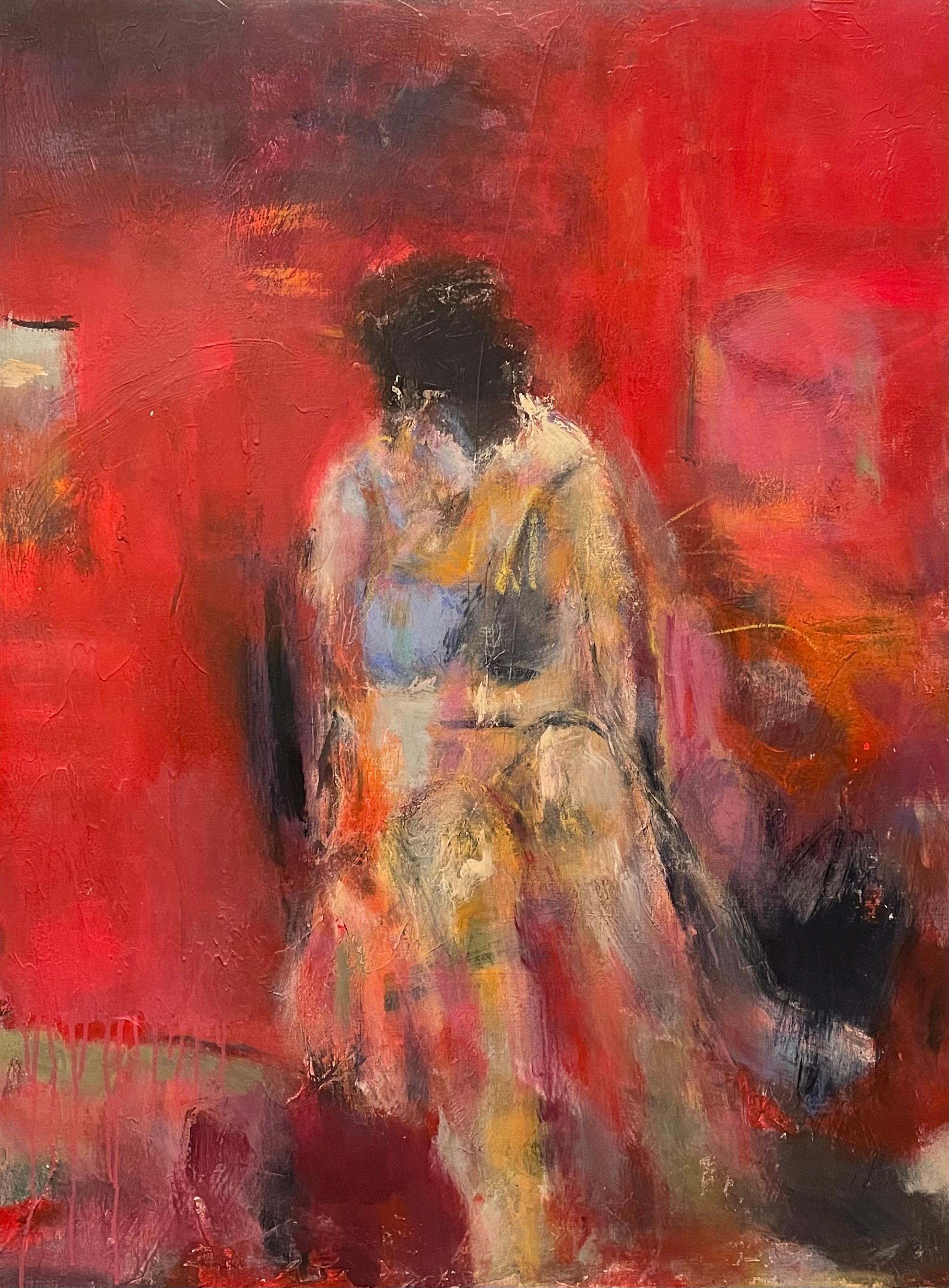 This piece titled "Reflection" by Helen Steele is a stirring example of contemporary figurative abstract expressionism. Rendered in a 40" x 30" mixed media canvas, it features a lone figure immersed in deep reds, symbolizing passion, energy, or