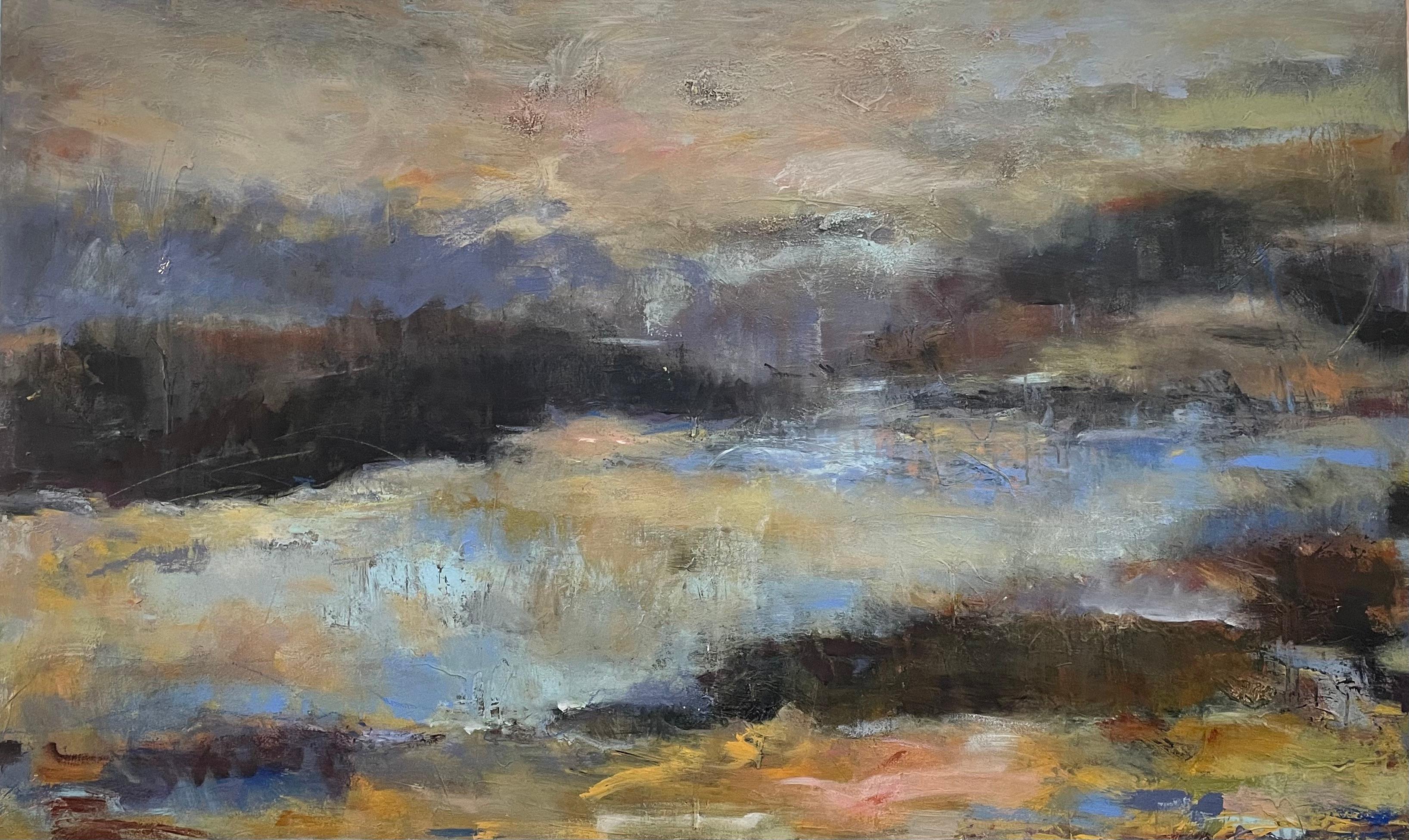 "The Little Pond" de Helen Steele est une création de 36 x 60 pouces en techniques mixtes qui incarne la fluidité et l'introspection de l'abstraction paysagère contemporaine. Une douce symphonie de bleus, de gris et de bruns terreux envahit la