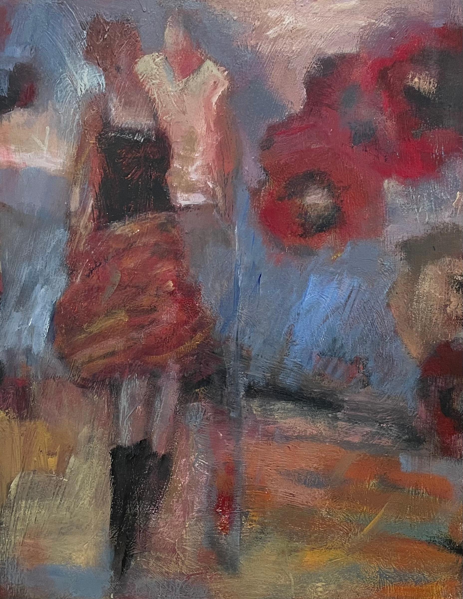 "Woman in Red" is a stirring 30" x 24" mixed media piece by Helen Steele that delves into the heart of contemporary expressionism. Steele's canvas is a whirlwind of emotion, articulated through bold strokes of crimson, deep blues, and earthy browns