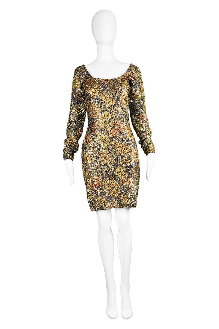 Helen Storey Textured Gold and Bronze Lamé Vintage Sequin Party Dress ...