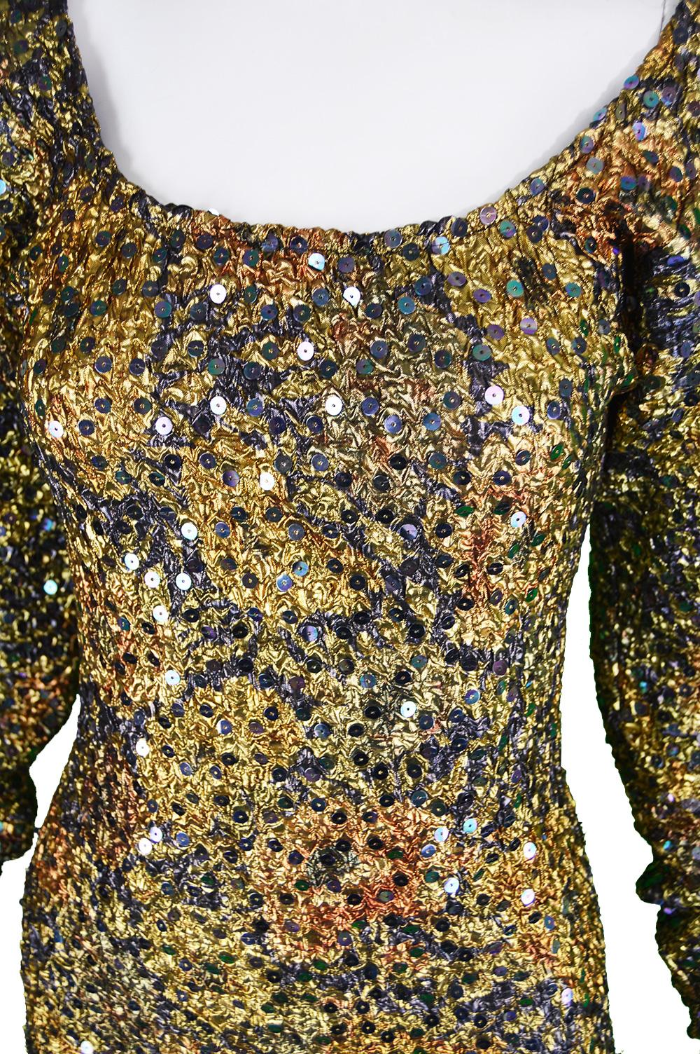 Brown Helen Storey Textured Gold & Bronze Lamé Vintage Sequin Party Dress, 1990s