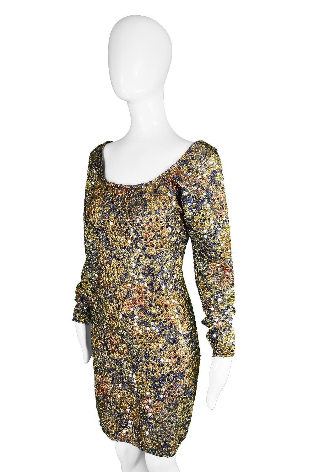 Helen Storey Textured Gold & Bronze Lamé Vintage Sequin Party Dress, 1990s 1