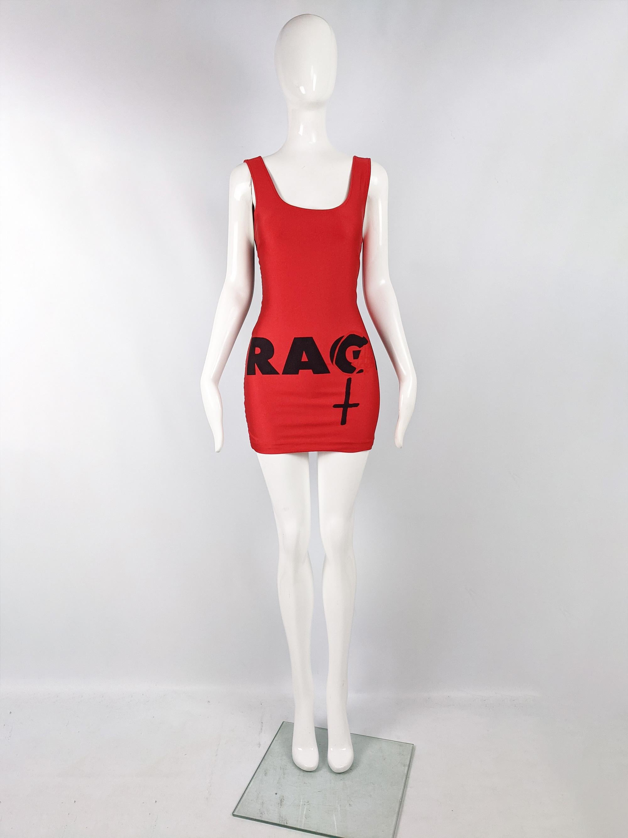 A sexy vintage sleeveless party / rave dress from the late 80s / early 90s by singular British icon, Helen Storey, an artist and fashion designer who was known for her experimental designs worn by the likes of Madonna and Cher. In a red stretch