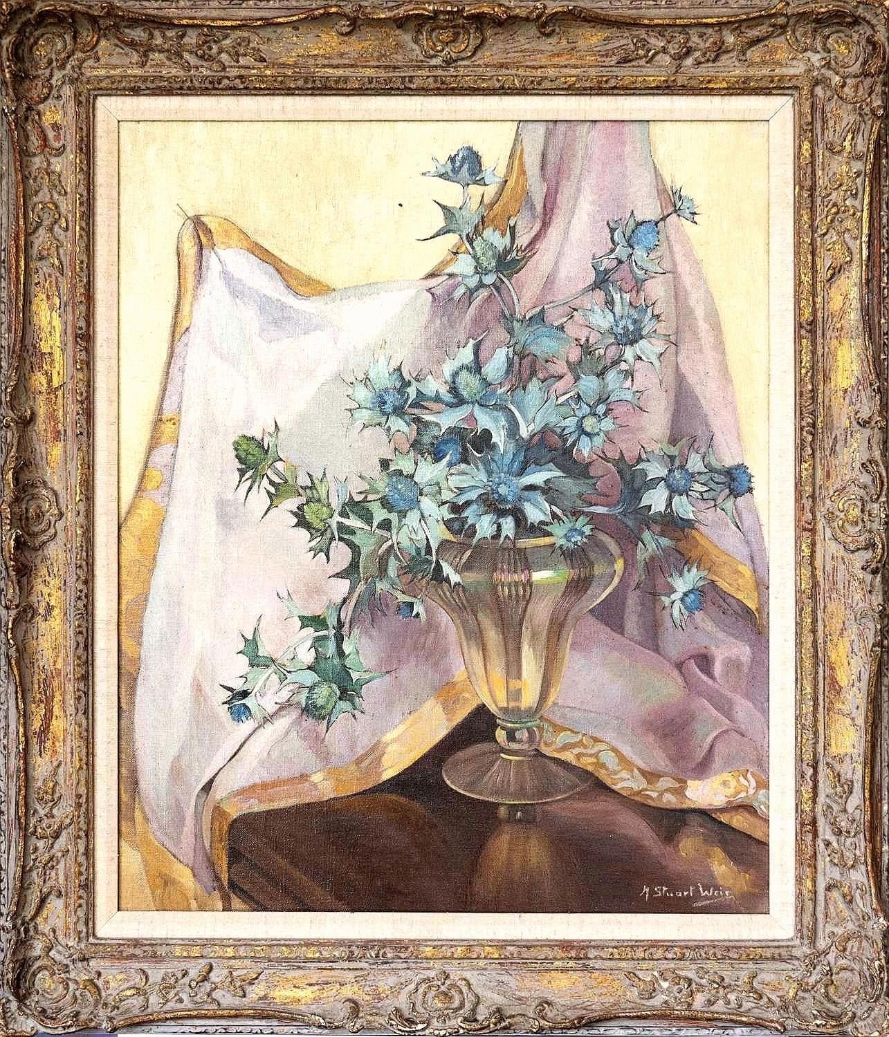 Still-Life Painting de Helen Stuart Weir - Cardo en jarrón de cristal - Gran bodegón Modern British Pintura al óleo