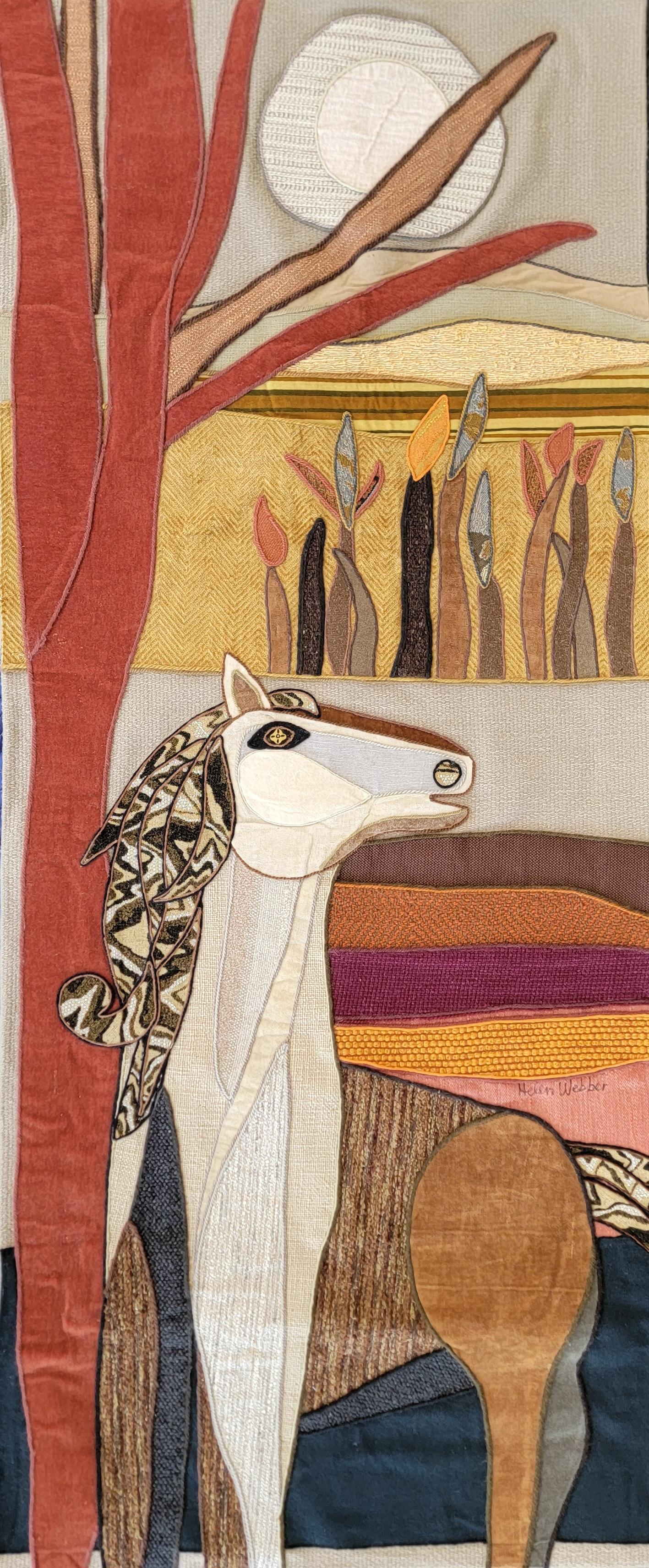 A signed Helen Webber fabric collage wall tapestry. Hand made with various fabrics. Features a stylized horse with a tree and moon. 
Signed by artist.

Numbered 15/50

Measures 35 in wide. 82 in high.

HELEN WEBBER:

EDUCATIONAL BACKGROUND.

From PS