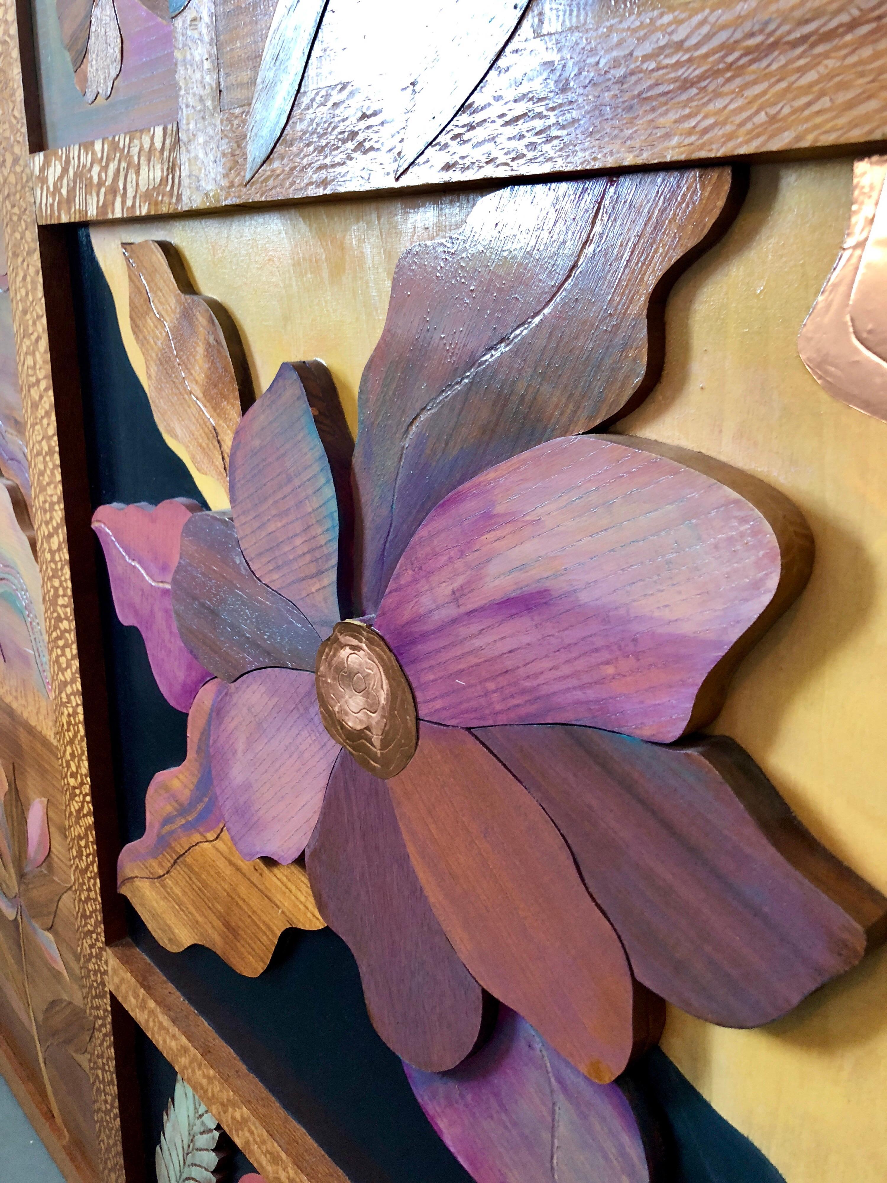 1970s  Large Wood, Copper Inlay Sculpture Wall Relief Tropical Flowers Motif For Sale 1