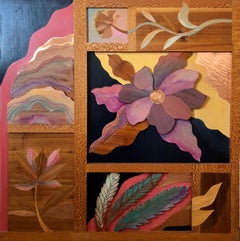 1970s  Large Wood, Copper Inlay Sculpture Wall Relief Tropical Flowers Motif