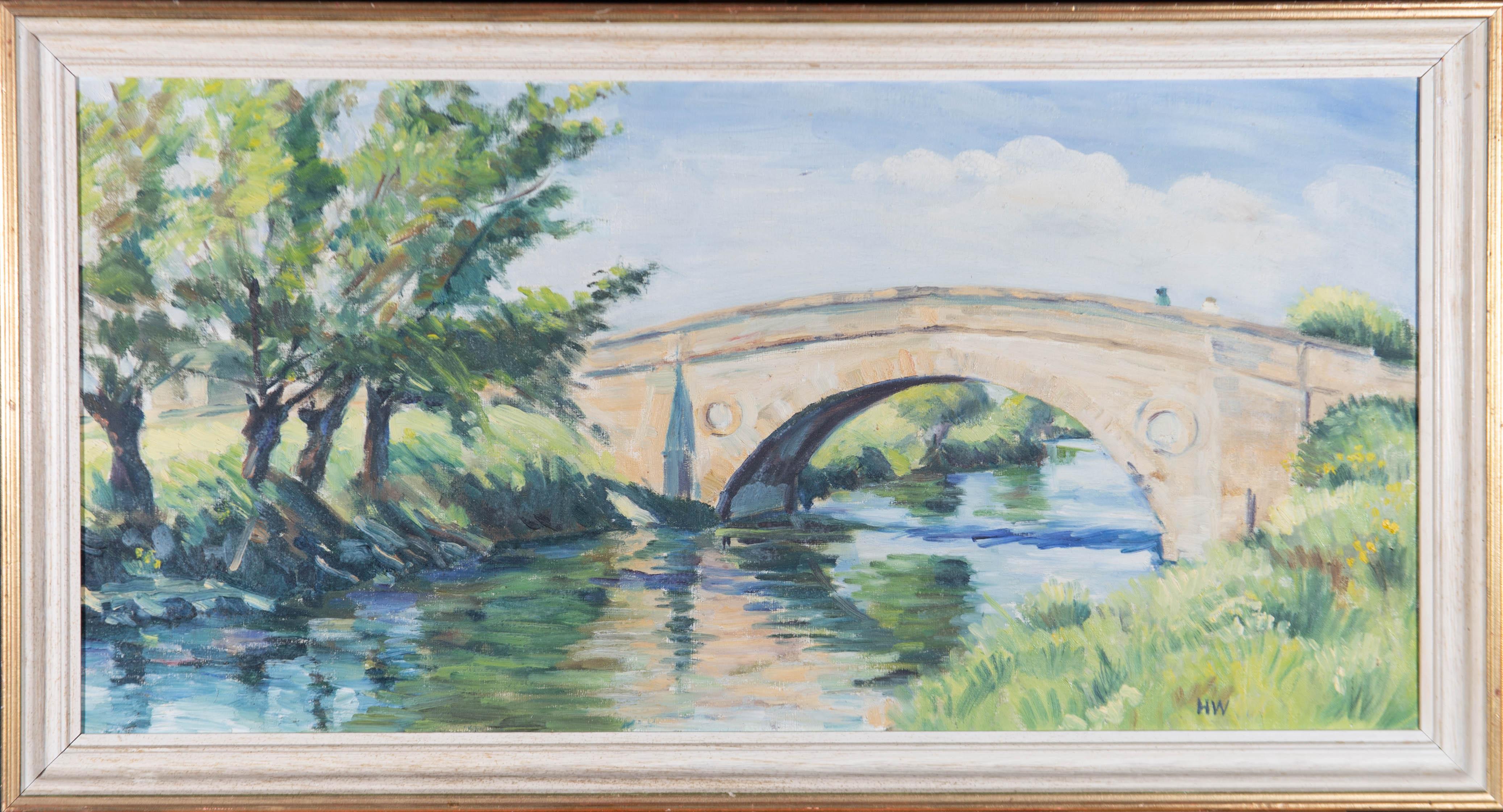 An impressionistic landscape depicting Tadpole Bridge near Faringdon in the Cotswolds crossing the River Thames. Presented in a white painted wooden frame with a gilt-effect outer edge. Initialled to the lower-right edge. Artist's label inscribed