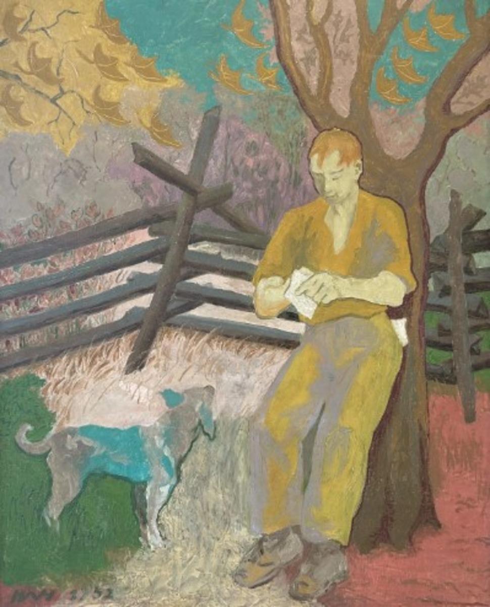 Helen West Heller. American. Figurative Painting - "Scribbler in Autumn" Modernist, Figures in Landscape, Abstract elements 