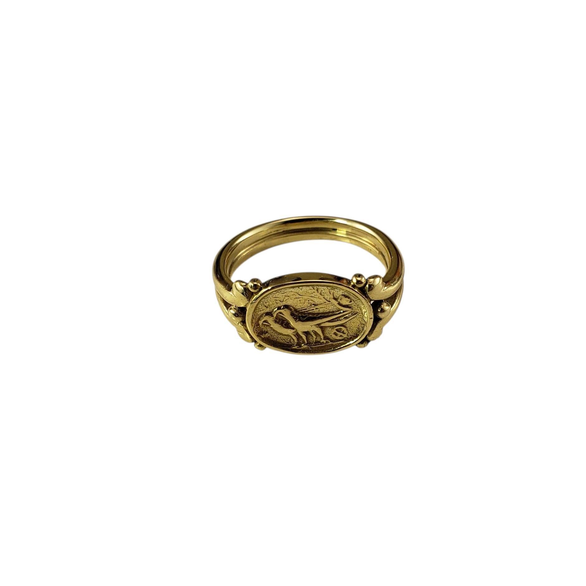Helen Woodhull 18K Yellow Gold Bird Motif Ring Size 6

A collectible piece by renowned American designer Helen Woodhull, this finely crafted ring features an engraved bird motif beautifully detailed in 18K yellow gold. The ring is framed by