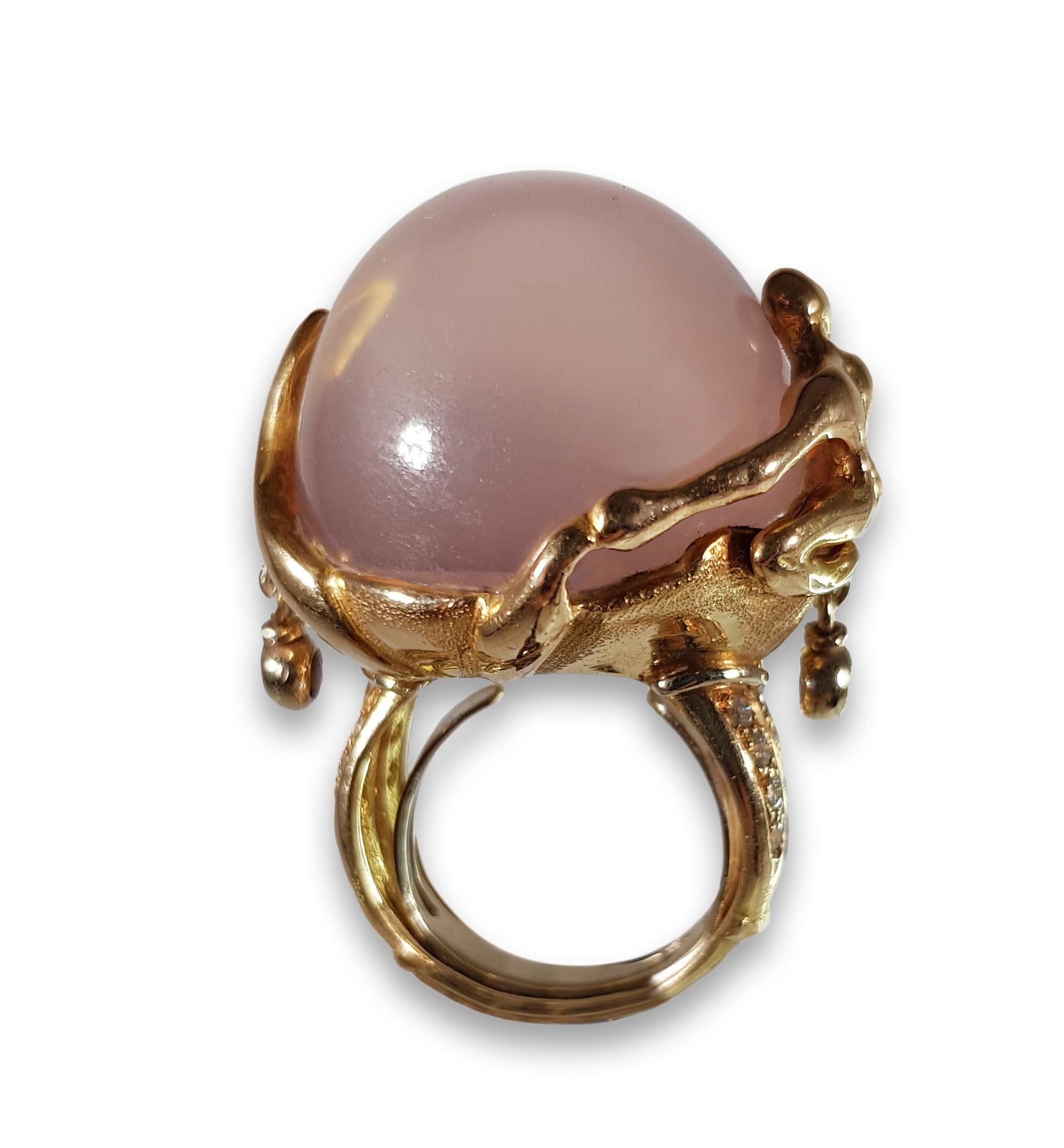 Unique Helen Yarmak Golden Ring With Diamonds And Big Round Pink Quartz, 